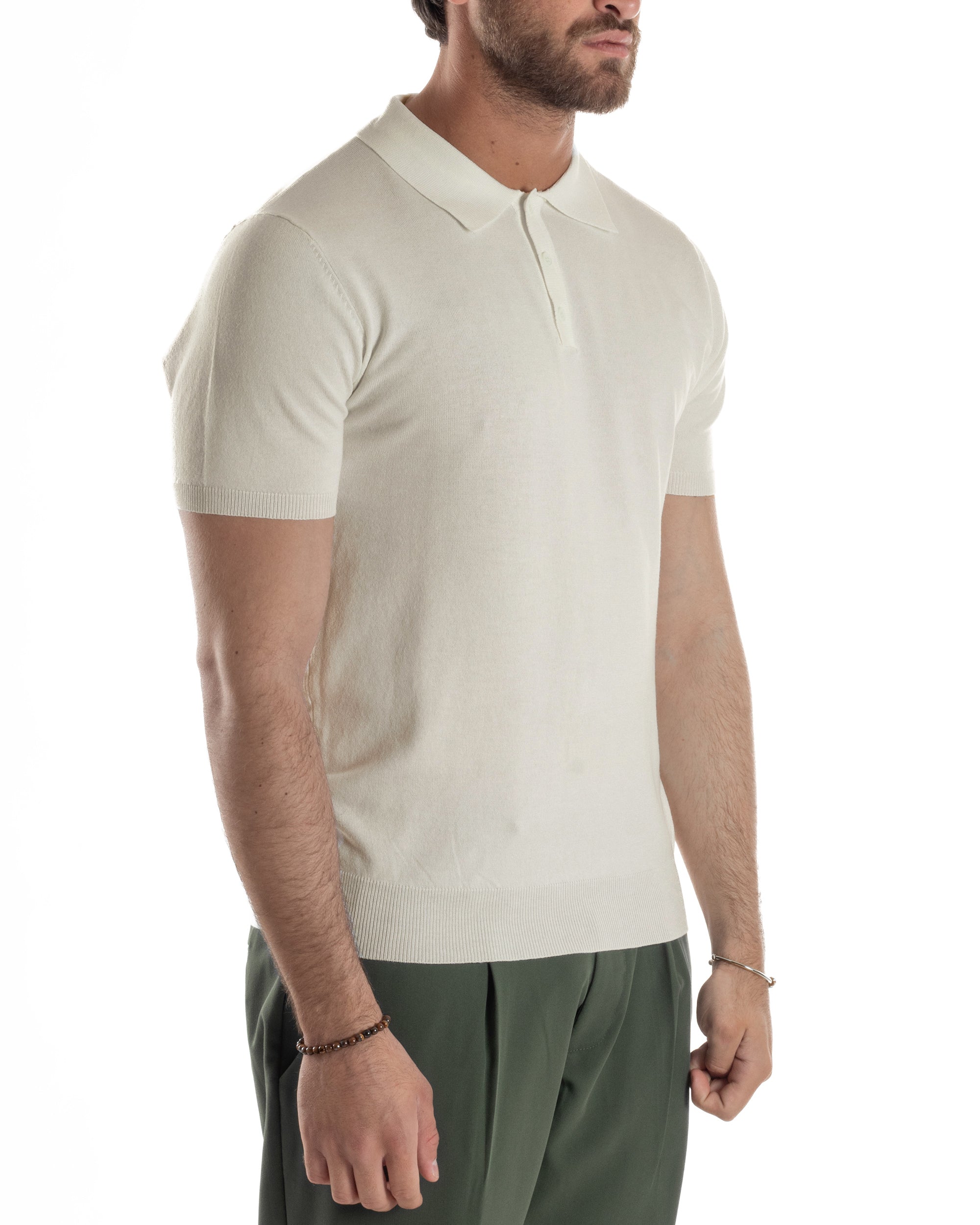 Polo Uomo Filo Maglia Con Colletto Bottoni Casual T-Shirt Sottogiacca Leggera Tinta Unita Beige GIOSAL-TS3136A