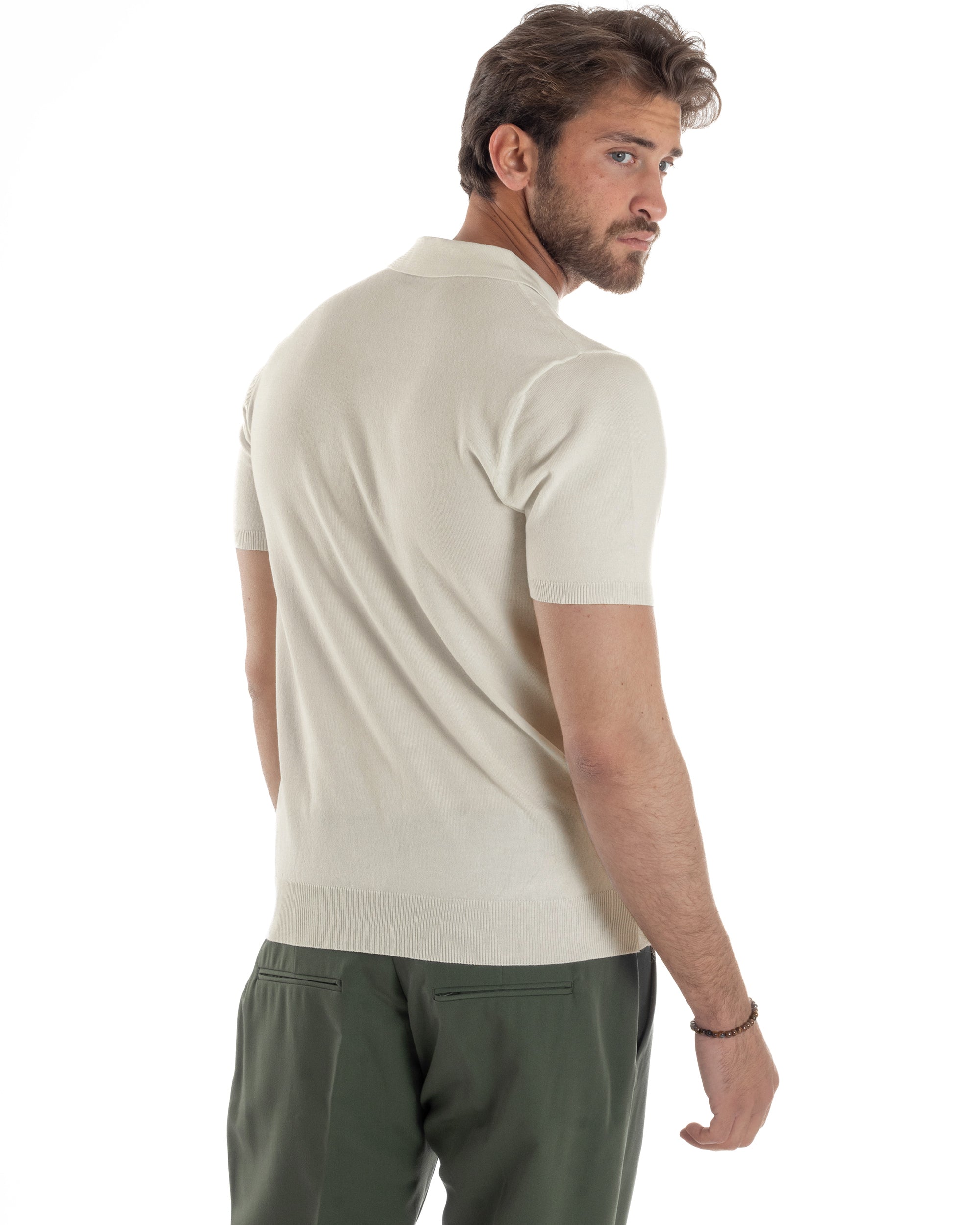 Polo Uomo Filo Maglia Con Colletto Bottoni Casual T-Shirt Sottogiacca Leggera Tinta Unita Beige GIOSAL-TS3136A