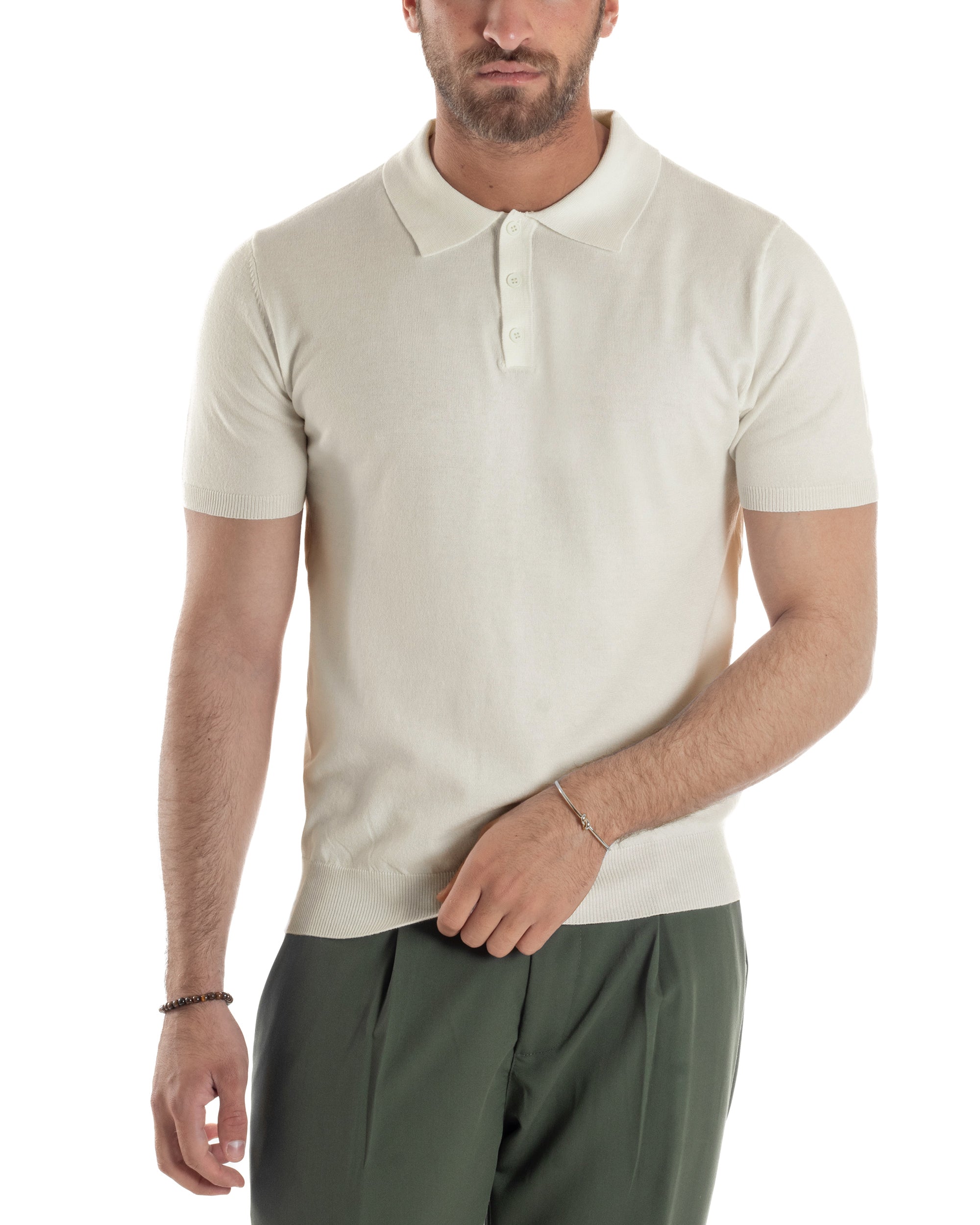 Polo Uomo Filo Maglia Con Colletto Bottoni Casual T-Shirt Sottogiacca Leggera Tinta Unita Beige GIOSAL-TS3136A