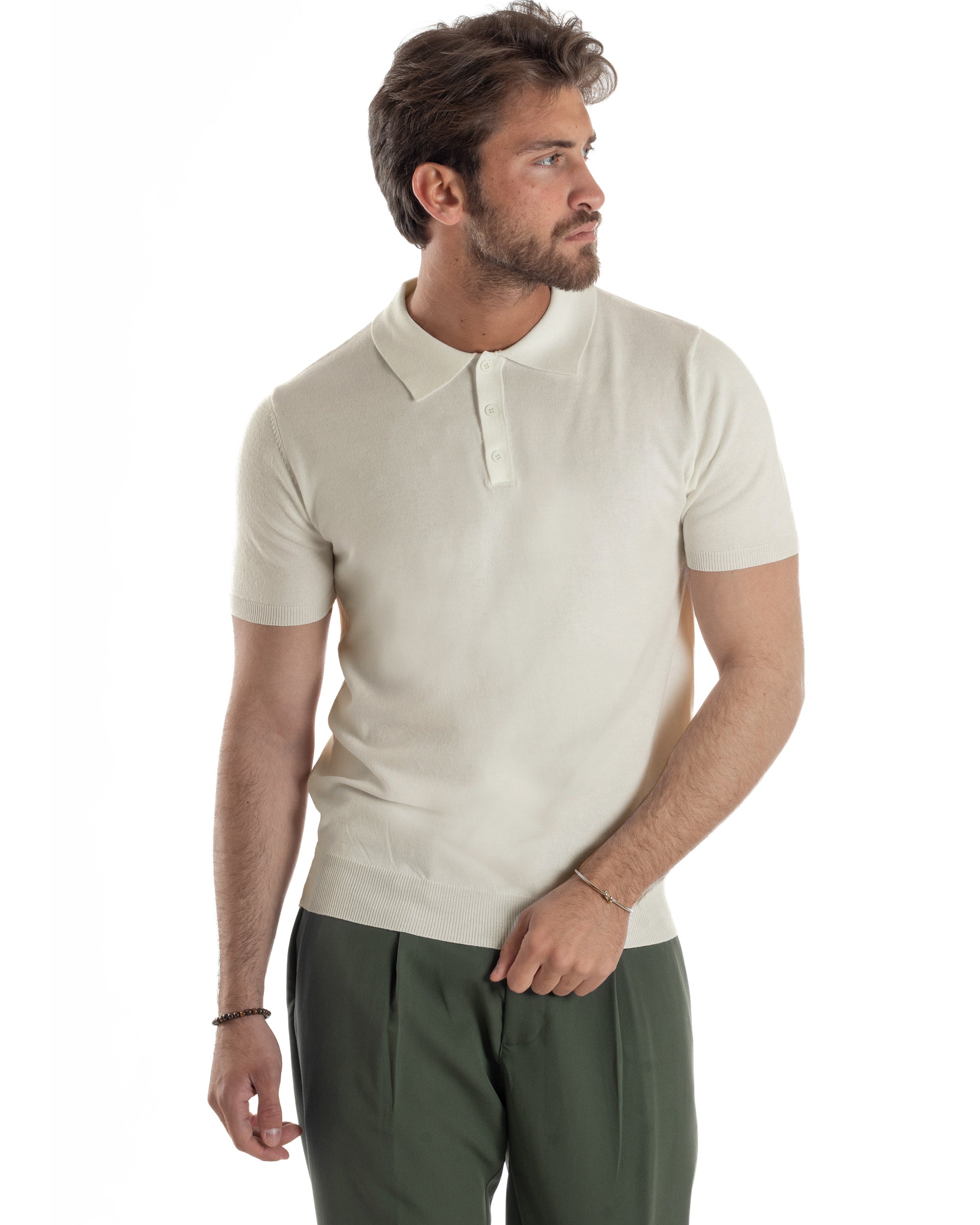 Polo Uomo Filo Maglia Con Colletto Bottoni Casual T-Shirt Sottogiacca Leggera Tinta Unita Beige GIOSAL-TS3136A