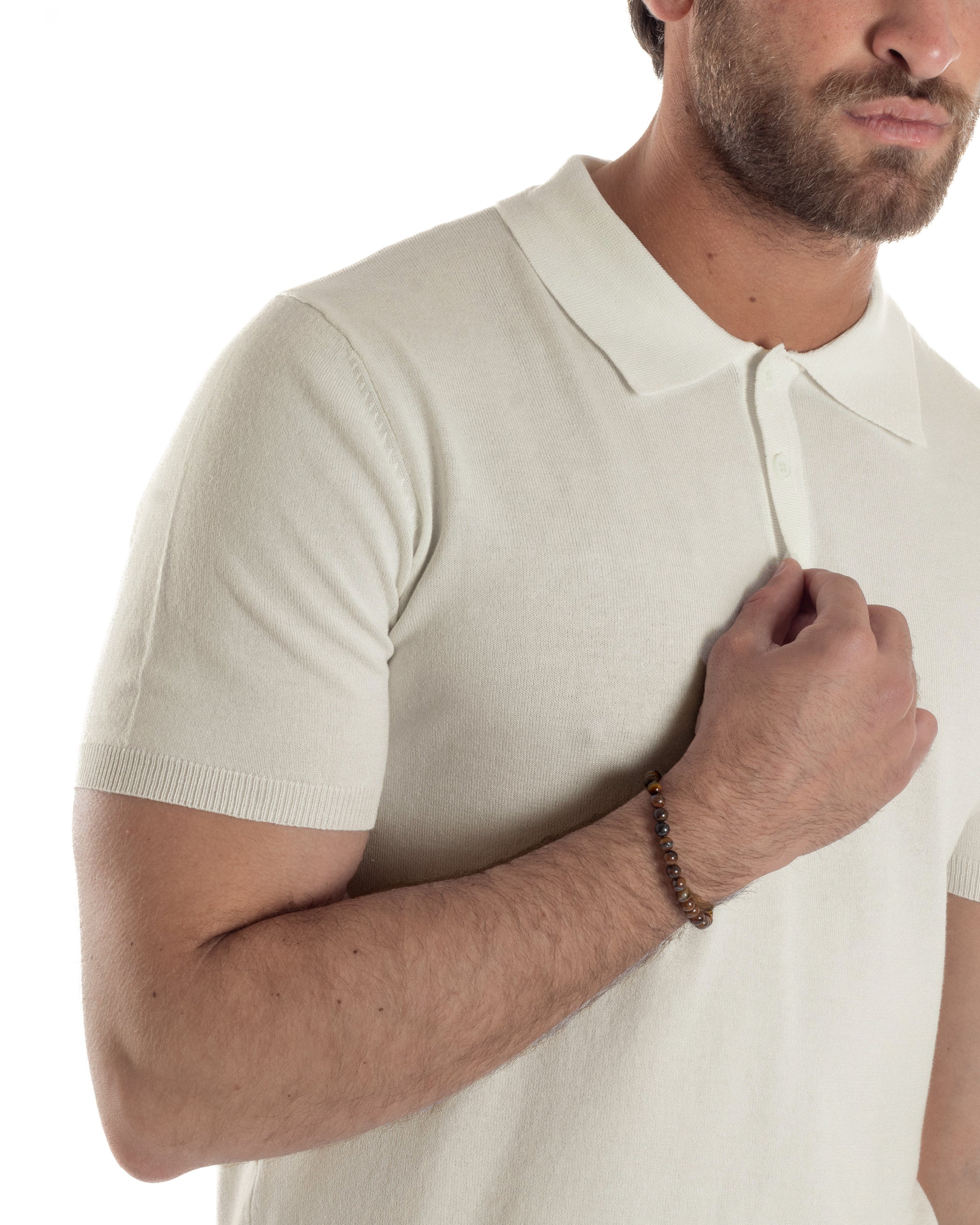 Polo Uomo Filo Maglia Con Colletto Bottoni Casual T-Shirt Sottogiacca Leggera Tinta Unita Beige GIOSAL-TS3136A