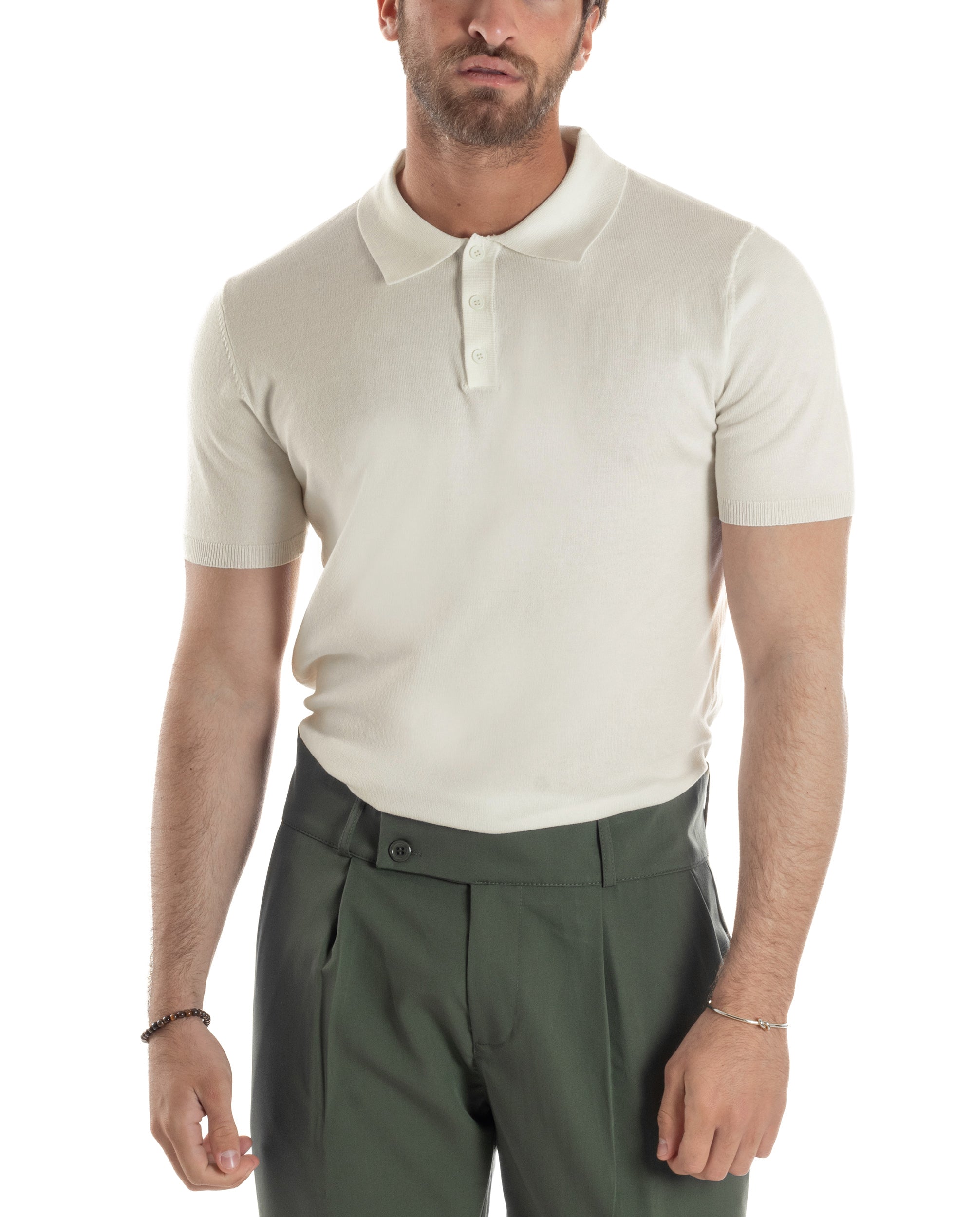 Polo Uomo Filo Maglia Con Colletto Bottoni Casual T-Shirt Sottogiacca Leggera Tinta Unita Beige GIOSAL-TS3136A