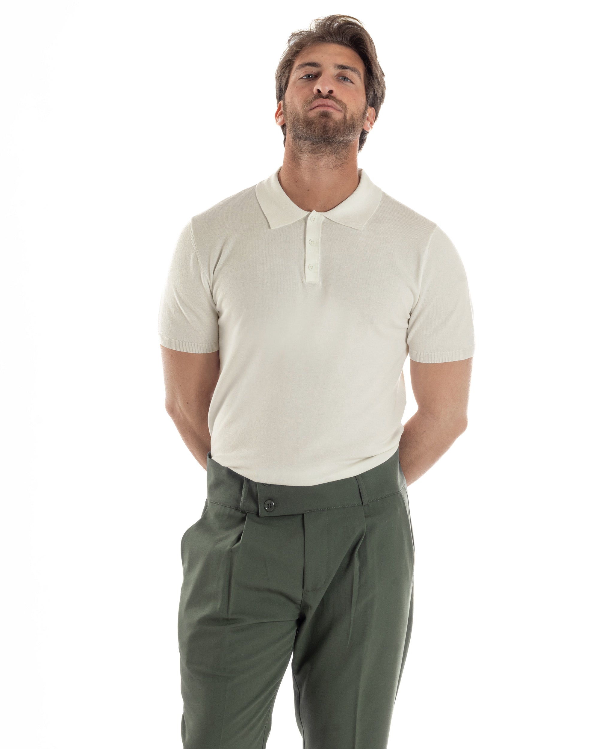 Polo Uomo Filo Maglia Con Colletto Bottoni Casual T-Shirt Sottogiacca Leggera Tinta Unita Beige GIOSAL-TS3136A