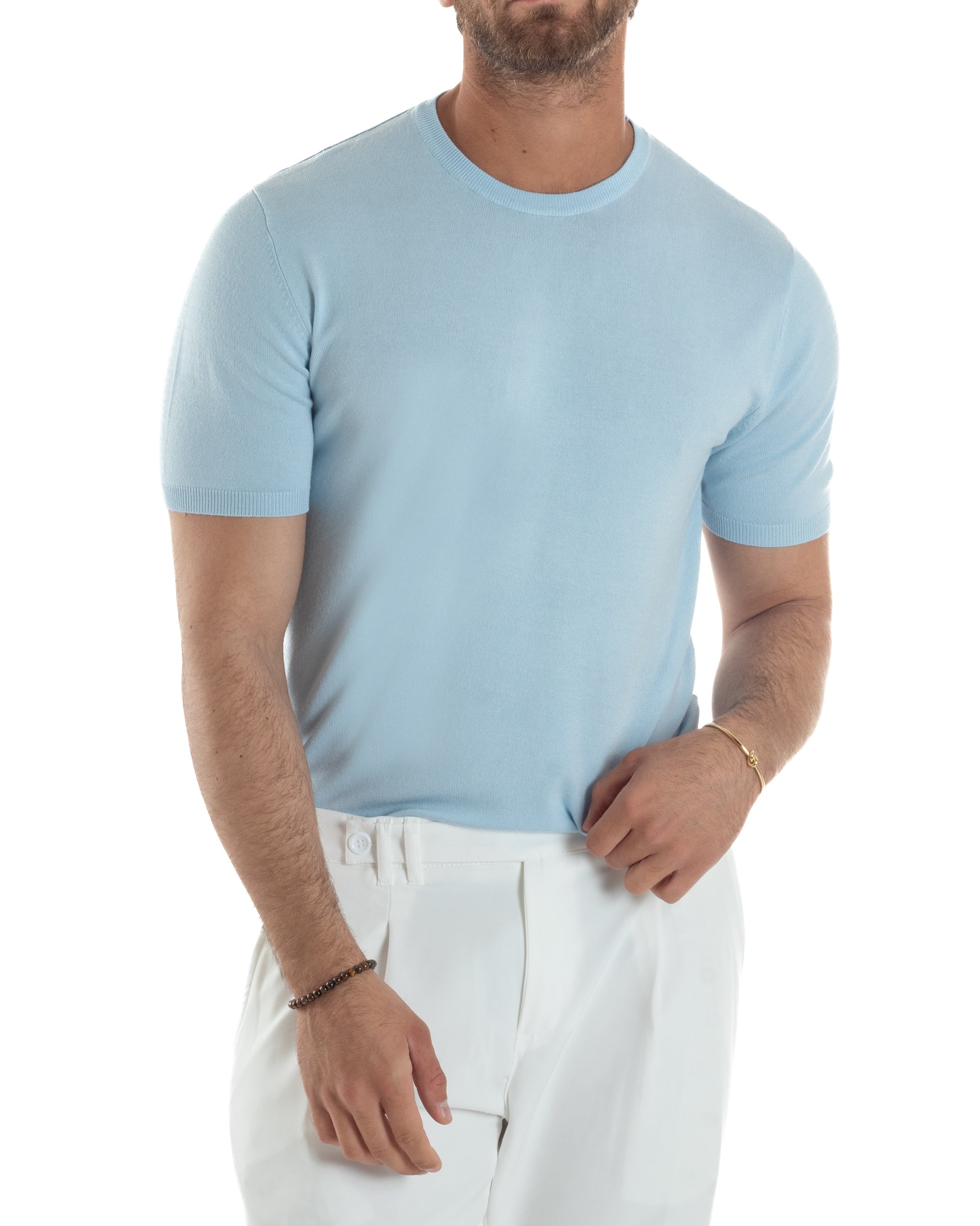 T-Shirt Uomo Girocollo Filo Maglia Sottogiacca Casual Basic Tinta Unita Celeste GIOSAL-TS3151A