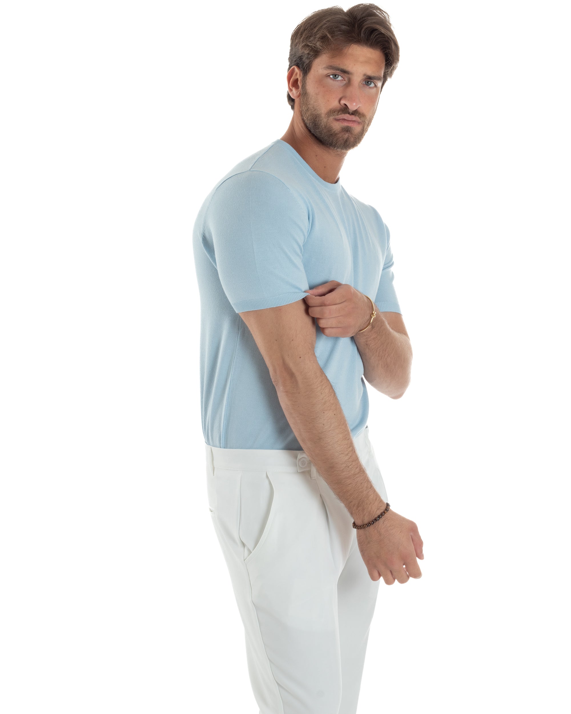 T-Shirt Uomo Girocollo Filo Maglia Sottogiacca Casual Basic Tinta Unita Celeste GIOSAL-TS3151A