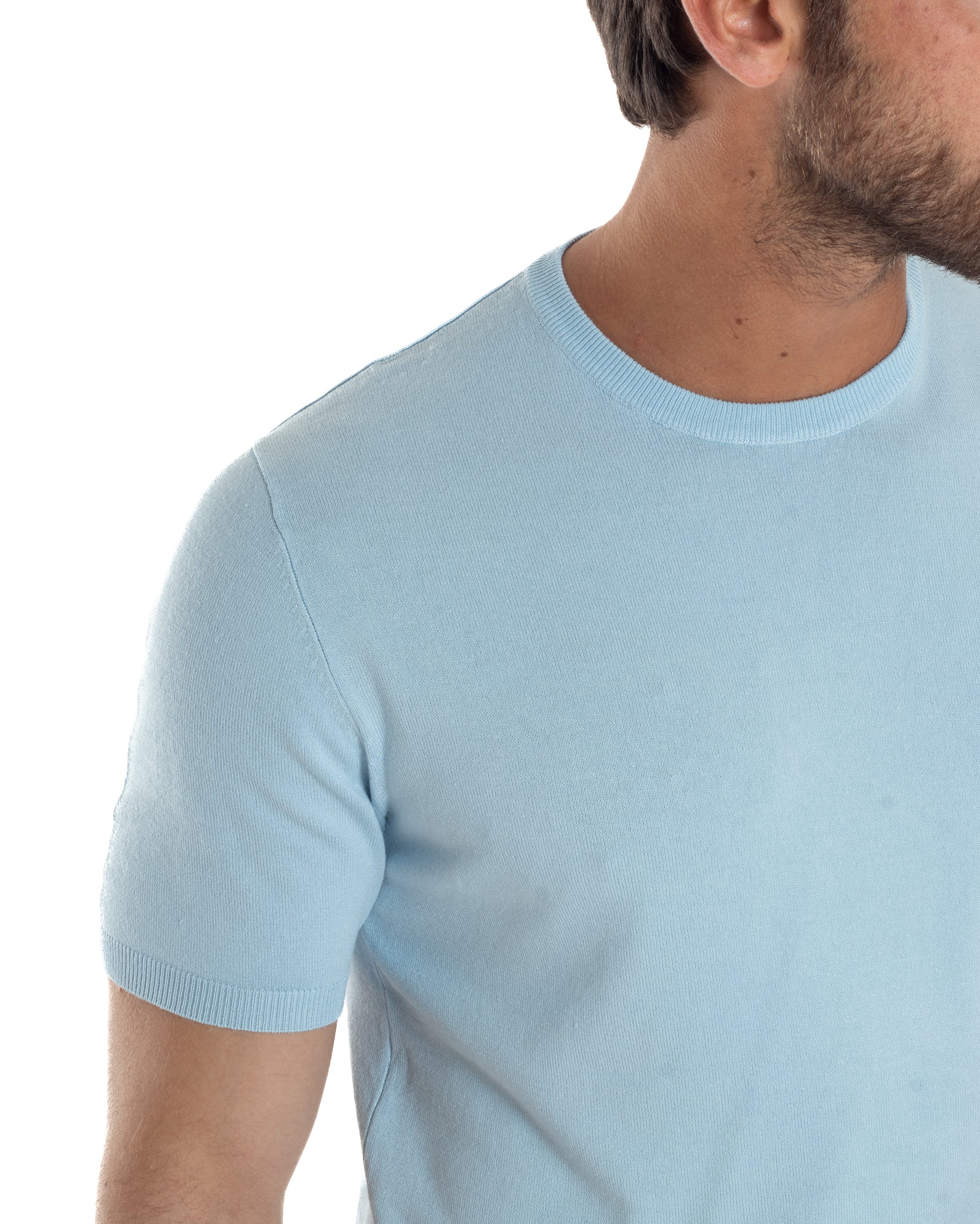 T-Shirt Uomo Girocollo Filo Maglia Sottogiacca Casual Basic Tinta Unita Celeste GIOSAL-TS3151A