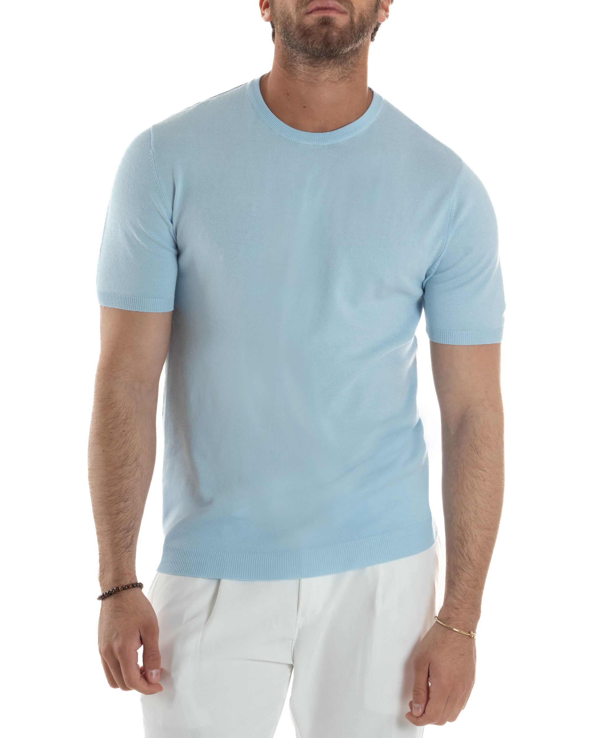 T-Shirt Uomo Girocollo Filo Maglia Sottogiacca Casual Basic Tinta Unita Celeste GIOSAL-TS3151A