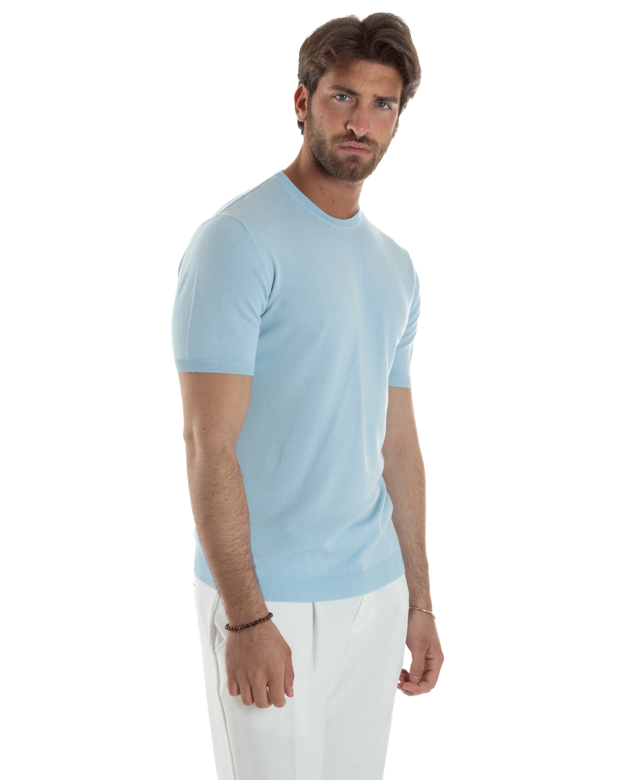 T-Shirt Uomo Girocollo Filo Maglia Sottogiacca Casual Basic Tinta Unita Celeste GIOSAL-TS3151A