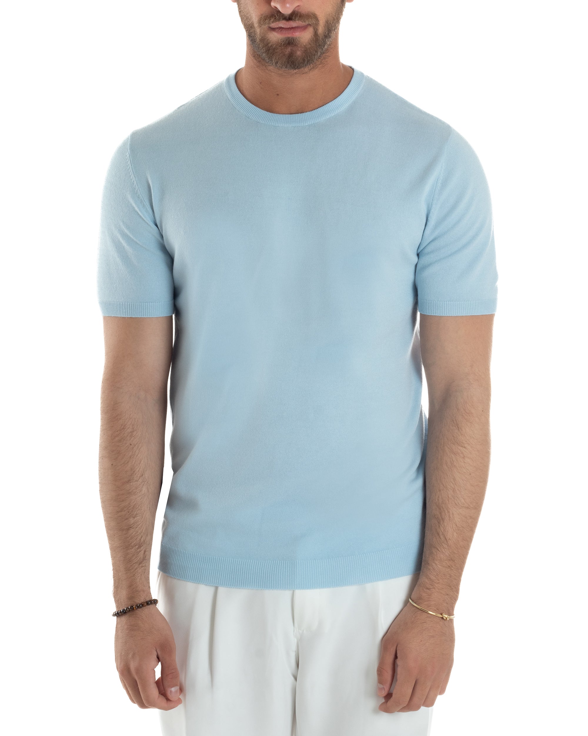 T-Shirt Uomo Girocollo Filo Maglia Sottogiacca Casual Basic Tinta Unita Celeste GIOSAL-TS3151A