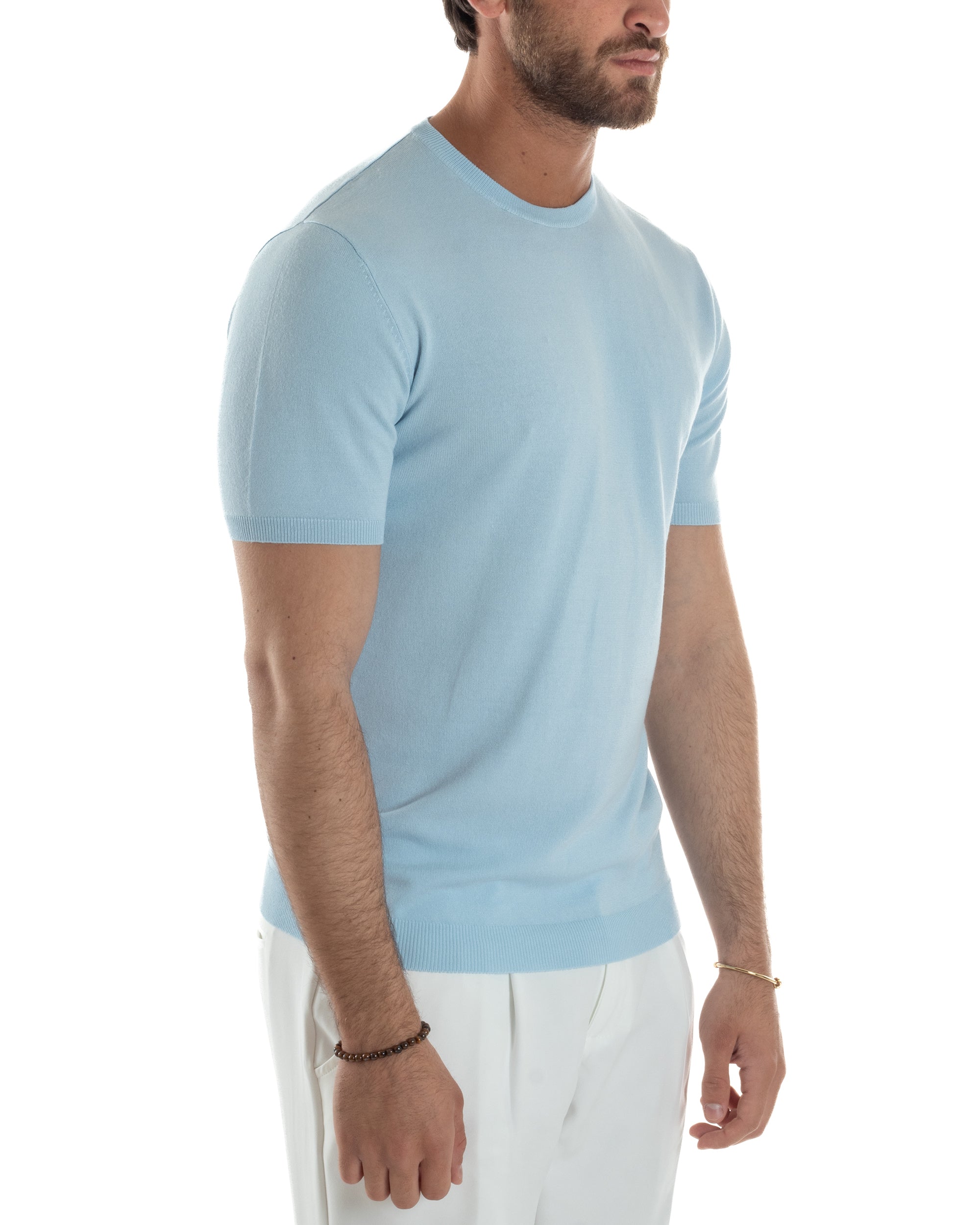 T-Shirt Uomo Girocollo Filo Maglia Sottogiacca Casual Basic Tinta Unita Celeste GIOSAL-TS3151A