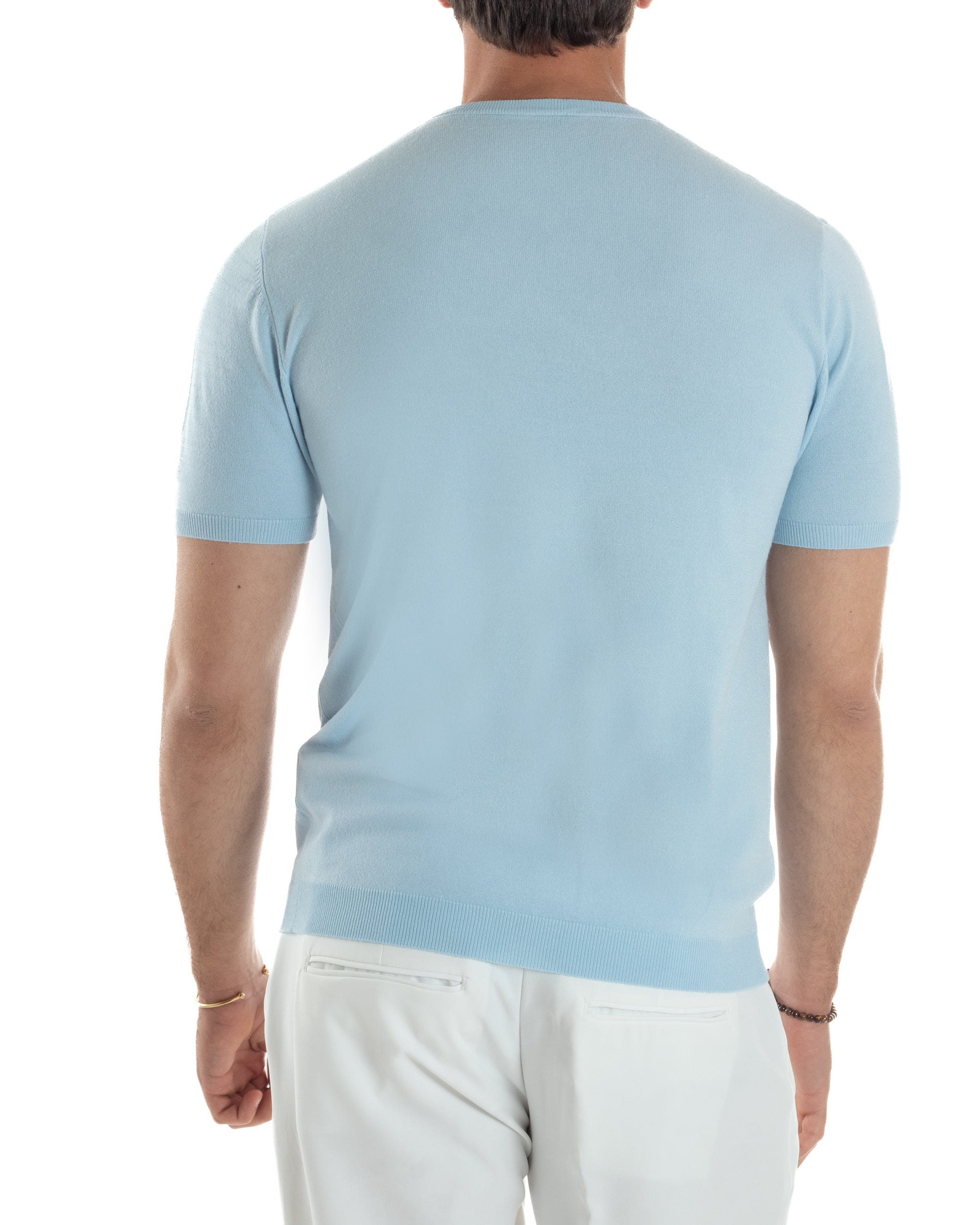 T-Shirt Uomo Girocollo Filo Maglia Sottogiacca Casual Basic Tinta Unita Celeste GIOSAL-TS3151A