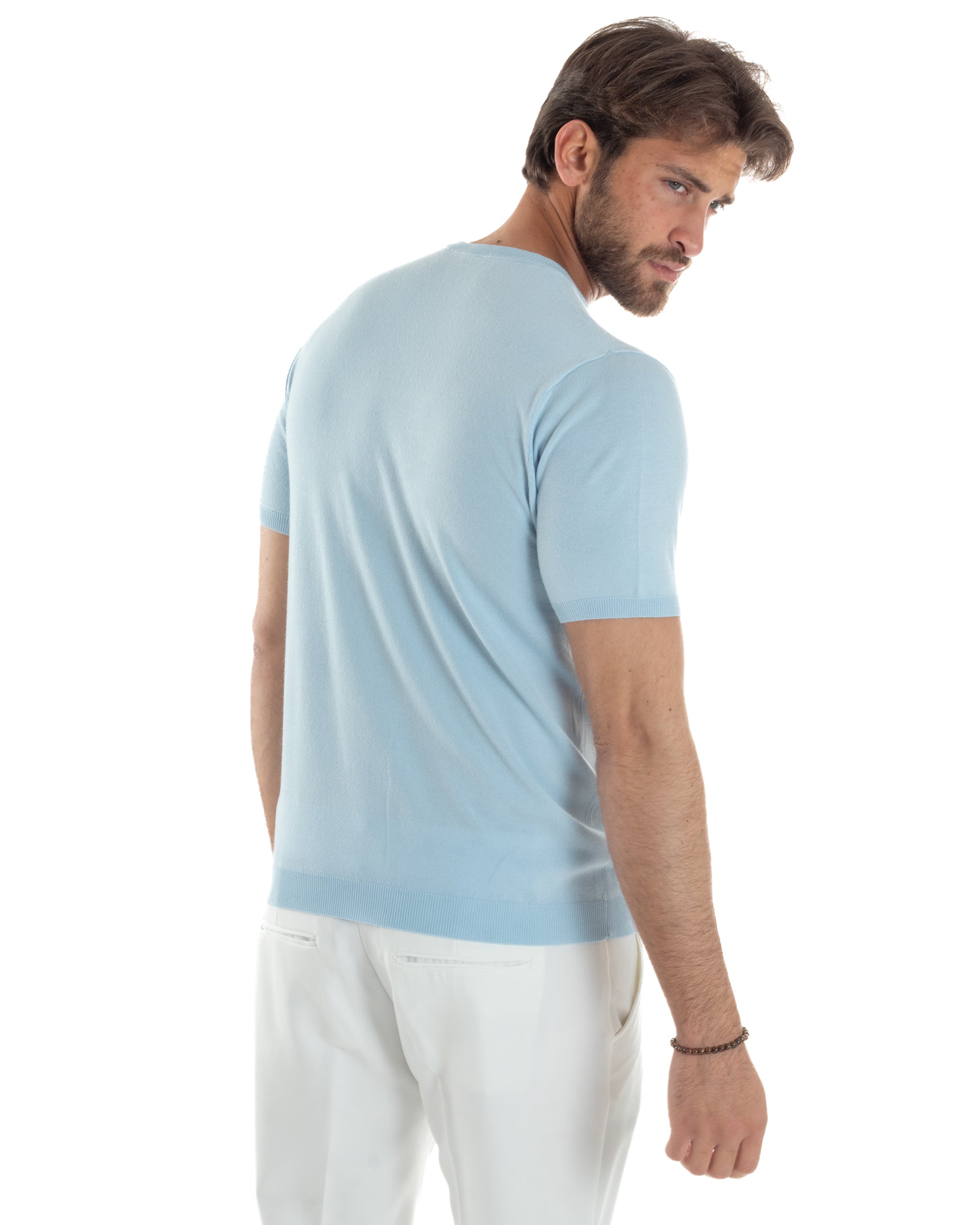 T-Shirt Uomo Girocollo Filo Maglia Sottogiacca Casual Basic Tinta Unita Celeste GIOSAL-TS3151A