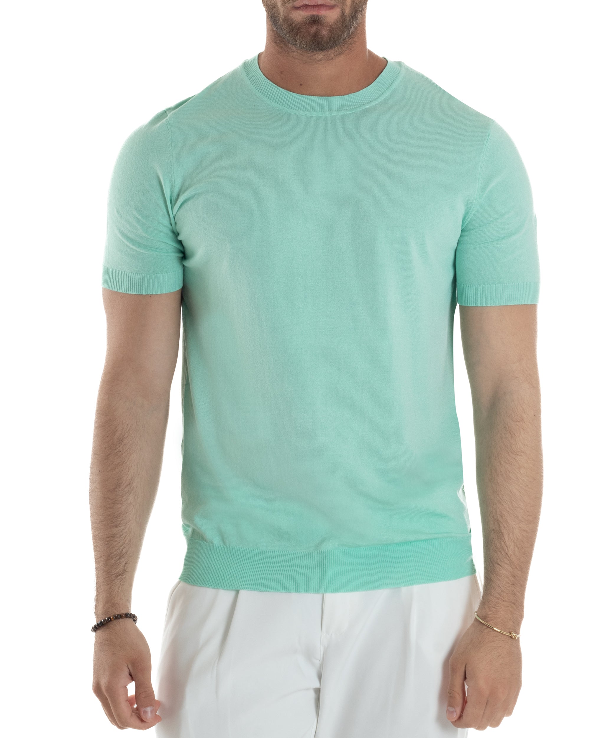 T-Shirt Uomo Girocollo Filo Maglia Sottogiacca Casual Basic Tinta Unita Verde Acqua GIOSAL-TS3152A
