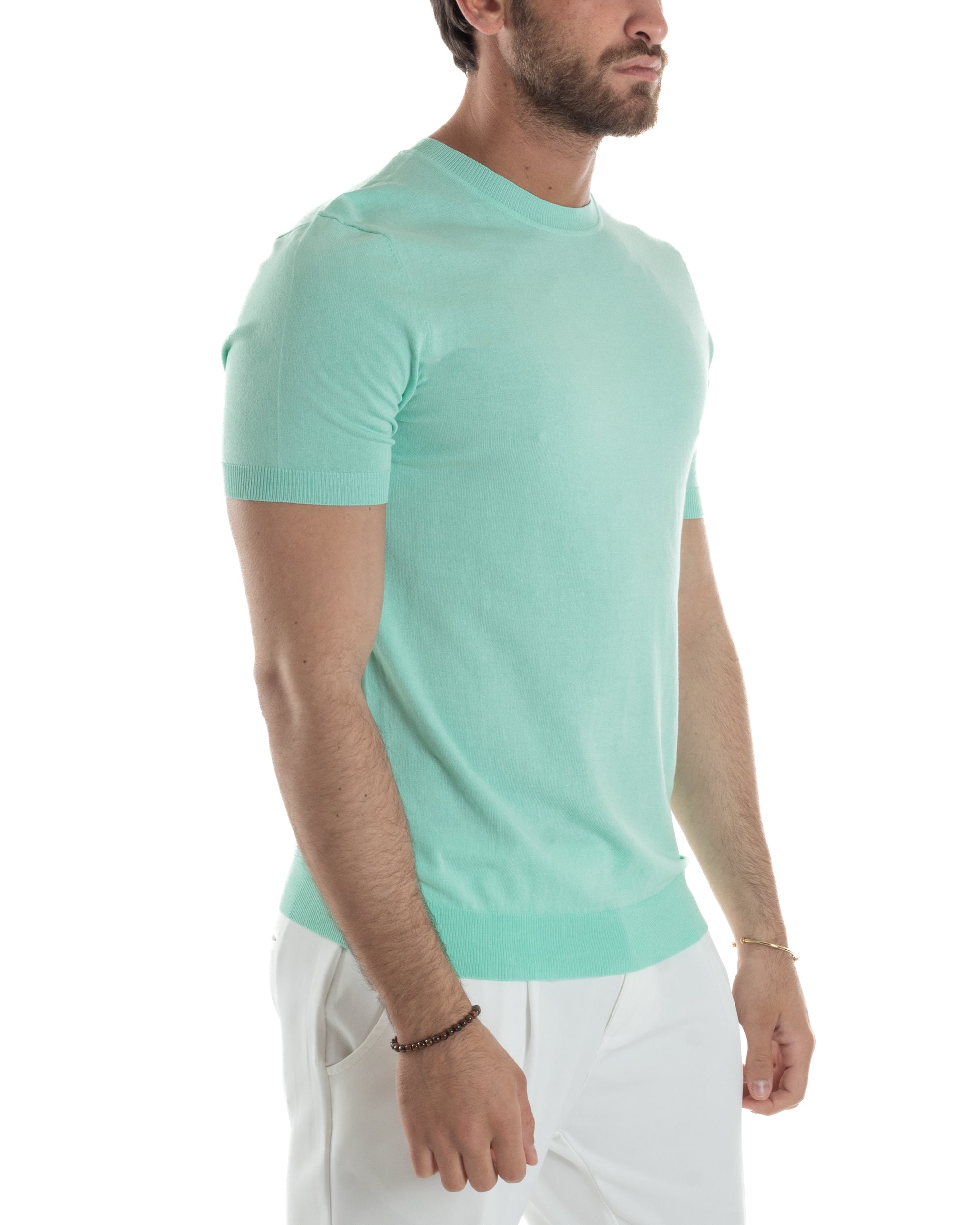 T-Shirt Uomo Girocollo Filo Maglia Sottogiacca Casual Basic Tinta Unita Verde Acqua GIOSAL-TS3152A