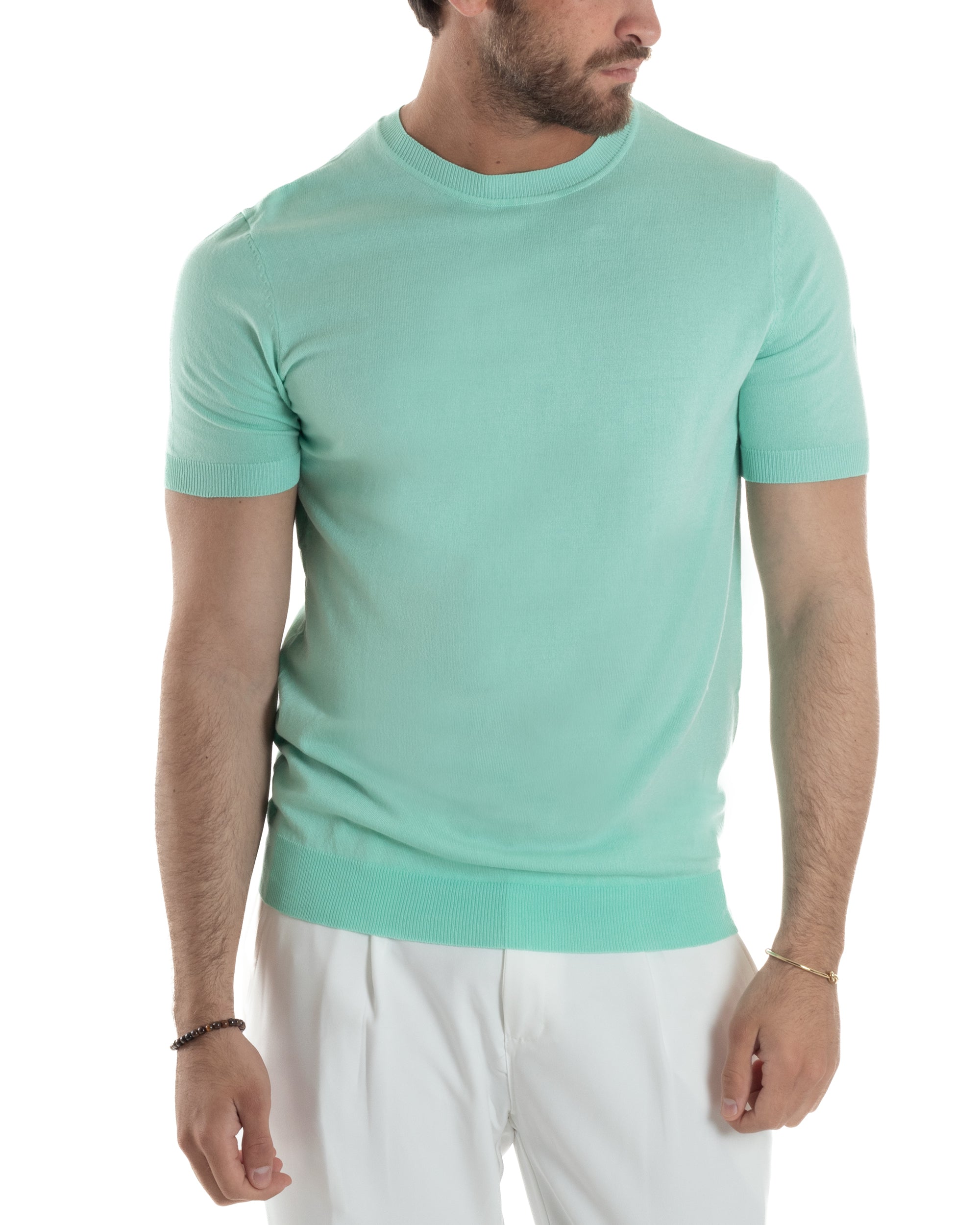 T-Shirt Uomo Girocollo Filo Maglia Sottogiacca Casual Basic Tinta Unita Verde Acqua GIOSAL-TS3152A
