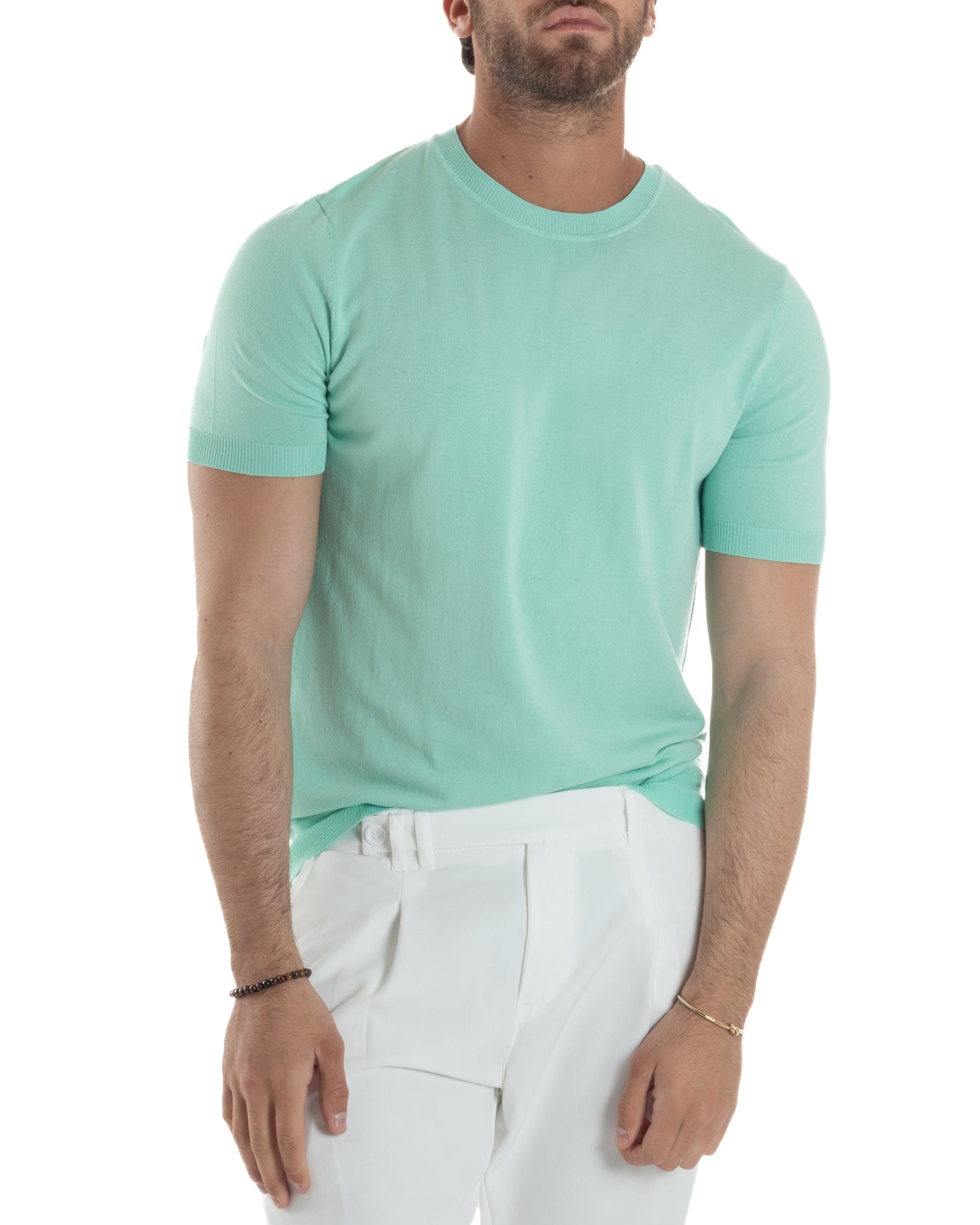 T-Shirt Uomo Girocollo Filo Maglia Sottogiacca Casual Basic Tinta Unita Verde Acqua GIOSAL-TS3152A
