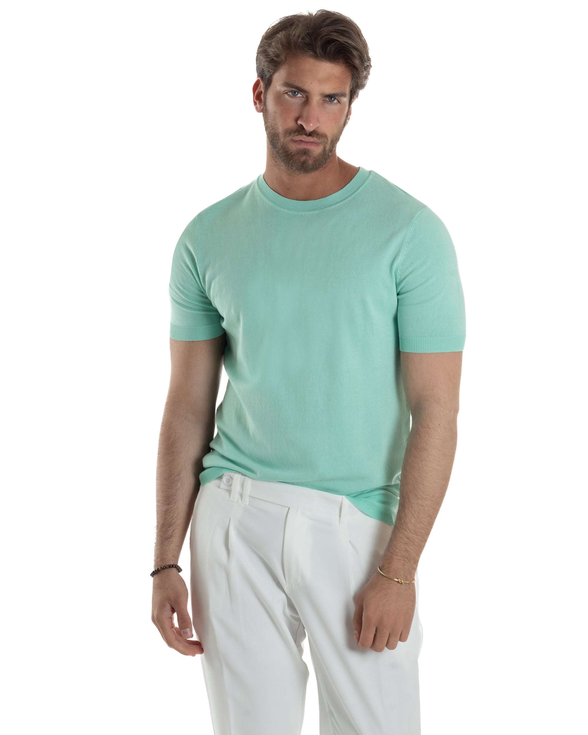 T-Shirt Uomo Girocollo Filo Maglia Sottogiacca Casual Basic Tinta Unita Verde Acqua GIOSAL-TS3152A