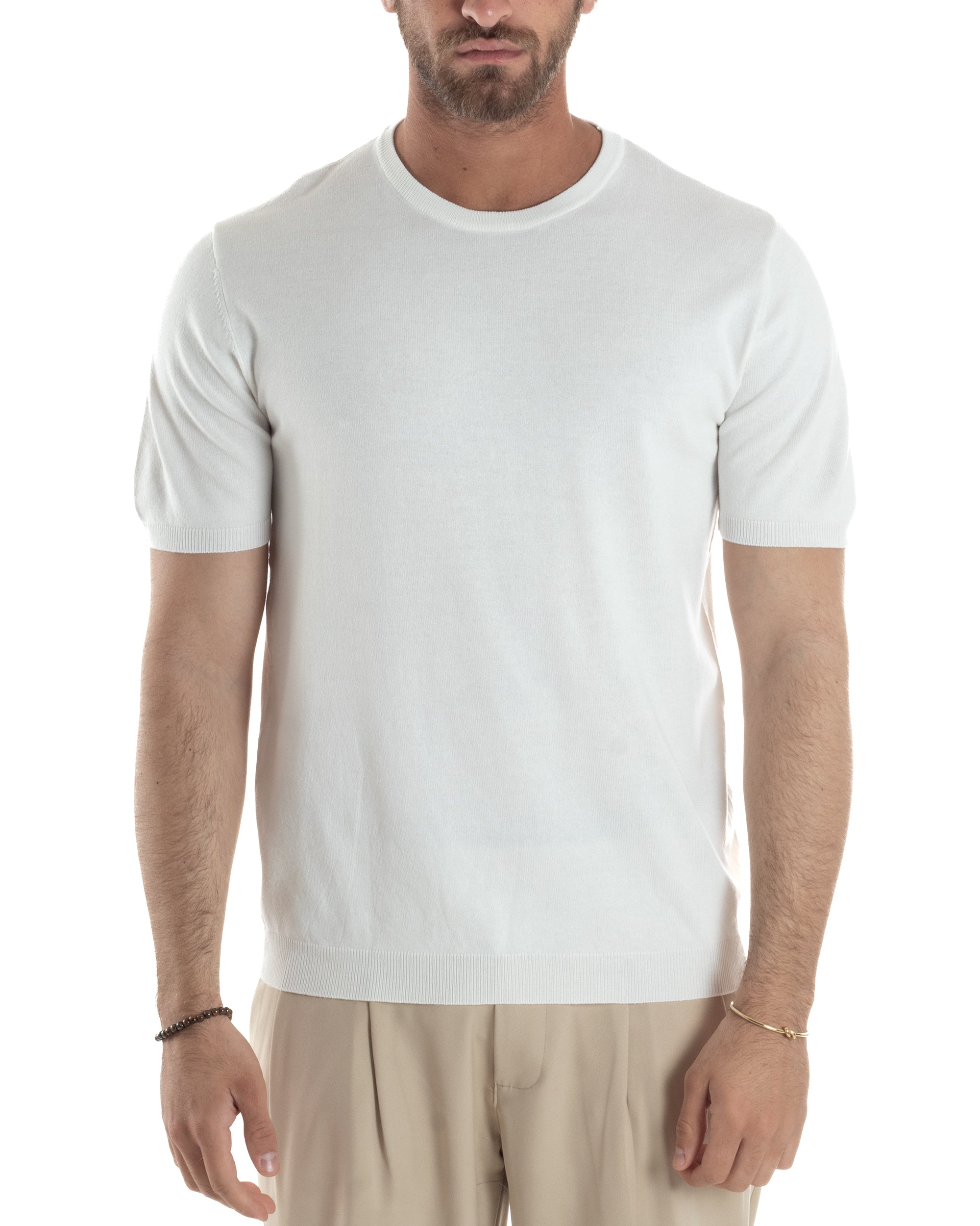 T-Shirt Uomo Girocollo Filo Maglia Sottogiacca Casual Basic Tinta Unita Bianco GIOSAL-TS3154A