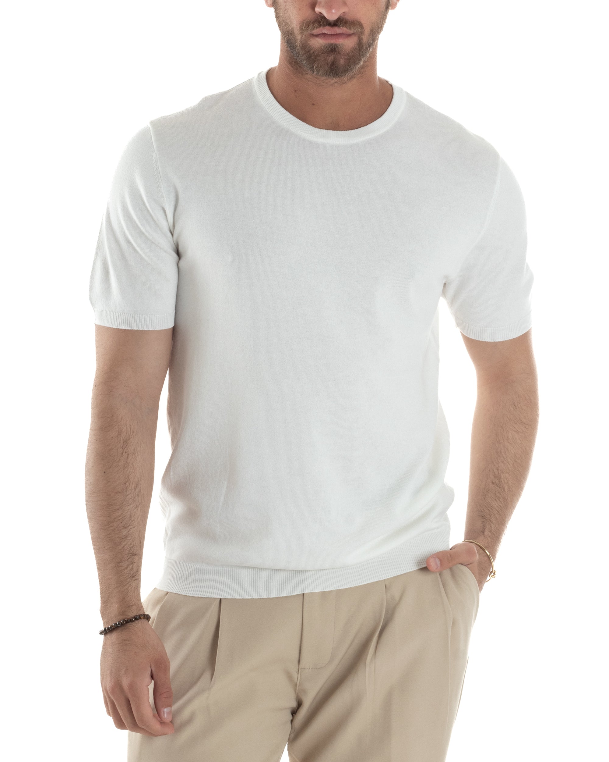 T-Shirt Uomo Girocollo Filo Maglia Sottogiacca Casual Basic Tinta Unita Bianco GIOSAL-TS3154A