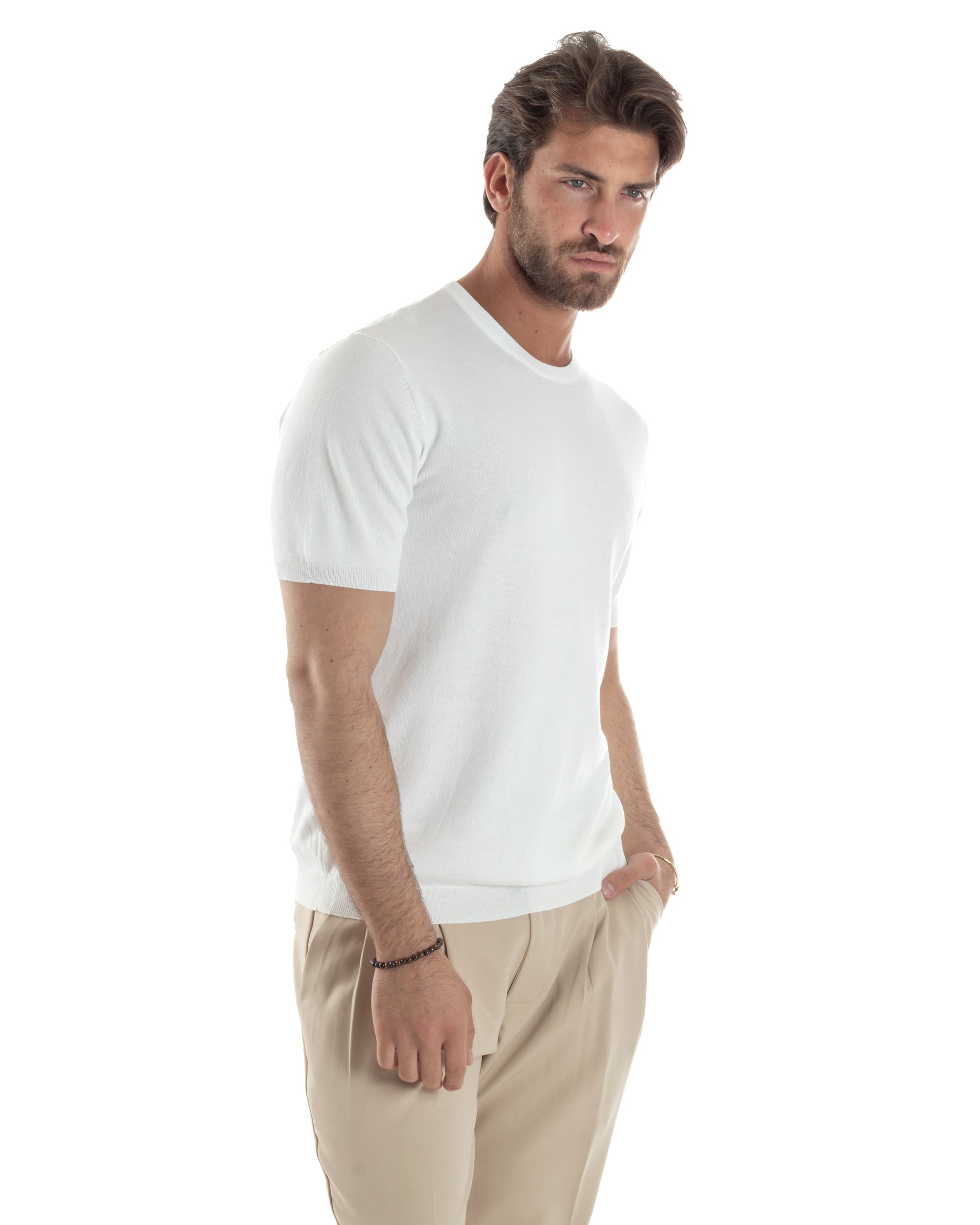 T-Shirt Uomo Girocollo Filo Maglia Sottogiacca Casual Basic Tinta Unita Bianco GIOSAL-TS3154A