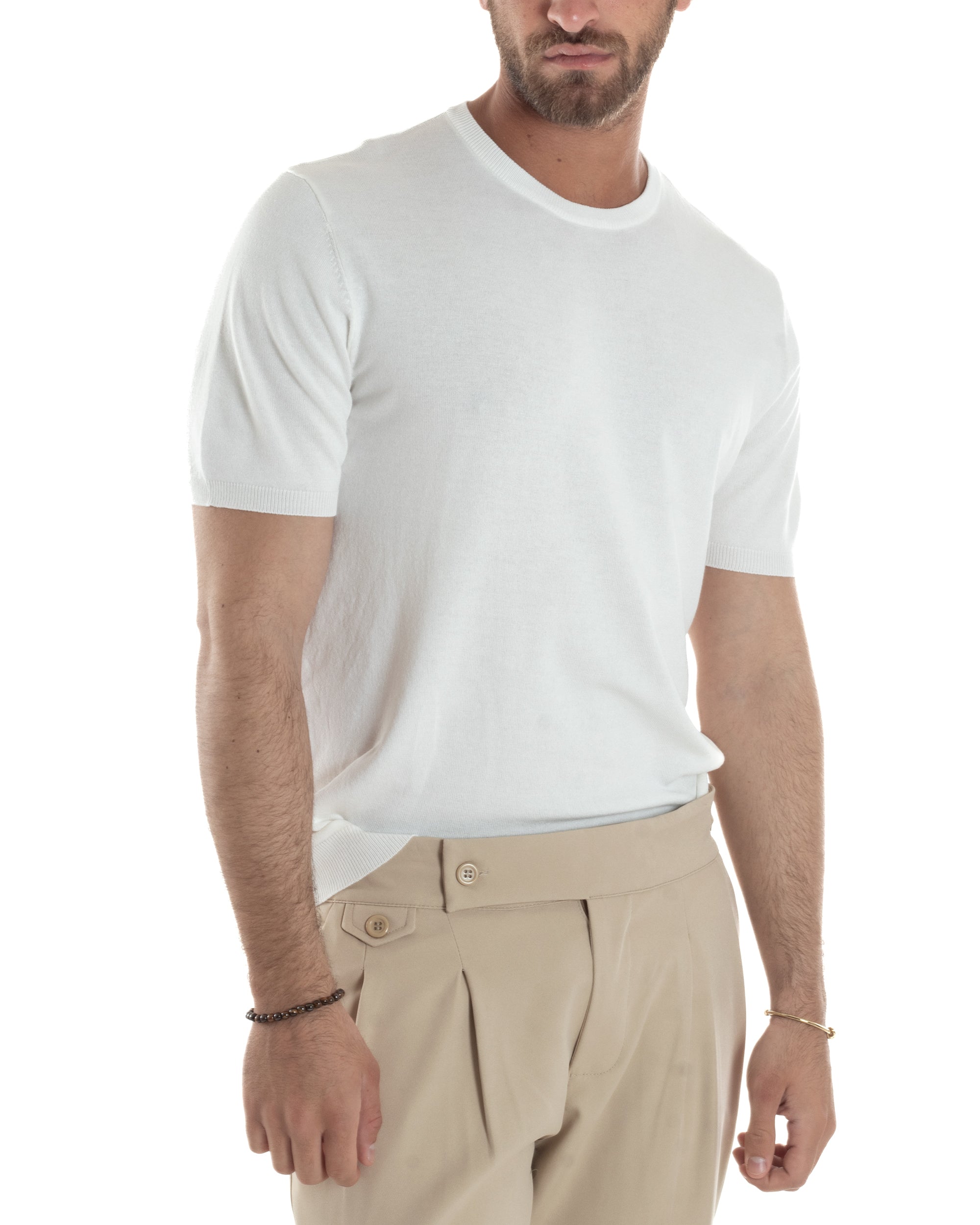 T-Shirt Uomo Girocollo Filo Maglia Sottogiacca Casual Basic Tinta Unita Bianco GIOSAL-TS3154A