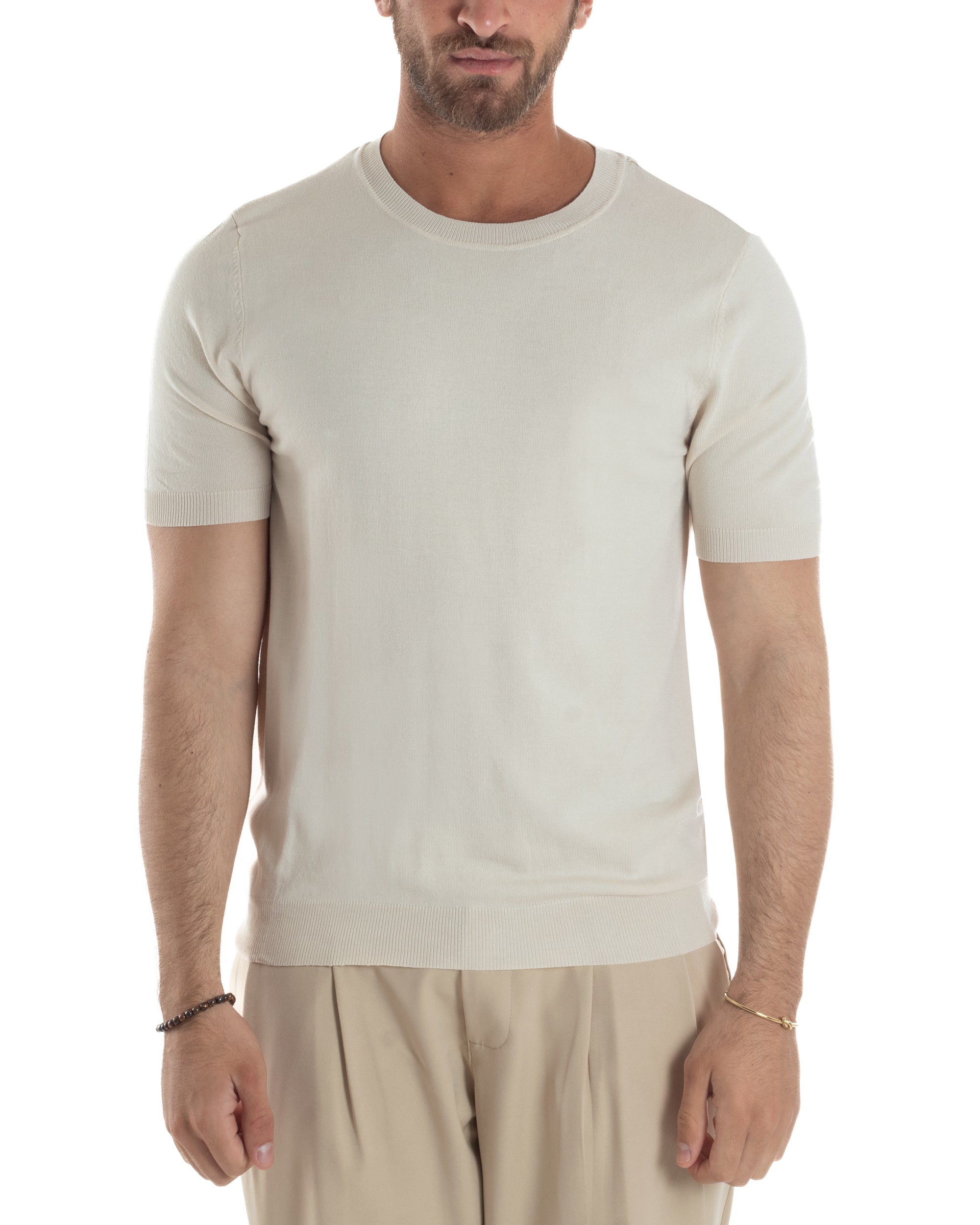 T-Shirt Uomo Girocollo Filo Maglia Sottogiacca Casual Basic Tinta Unita Beige GIOSAL-TS3155A