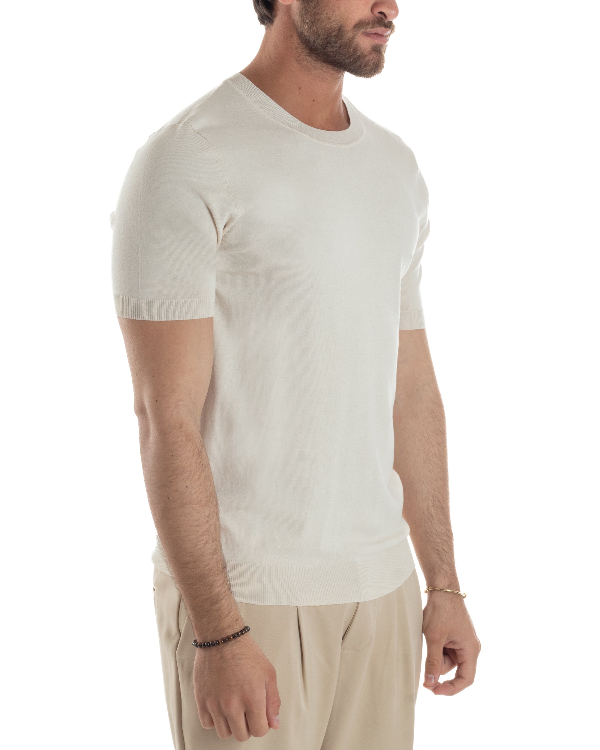 T-Shirt Uomo Girocollo Filo Maglia Sottogiacca Casual Basic Tinta Unita Beige GIOSAL-TS3155A
