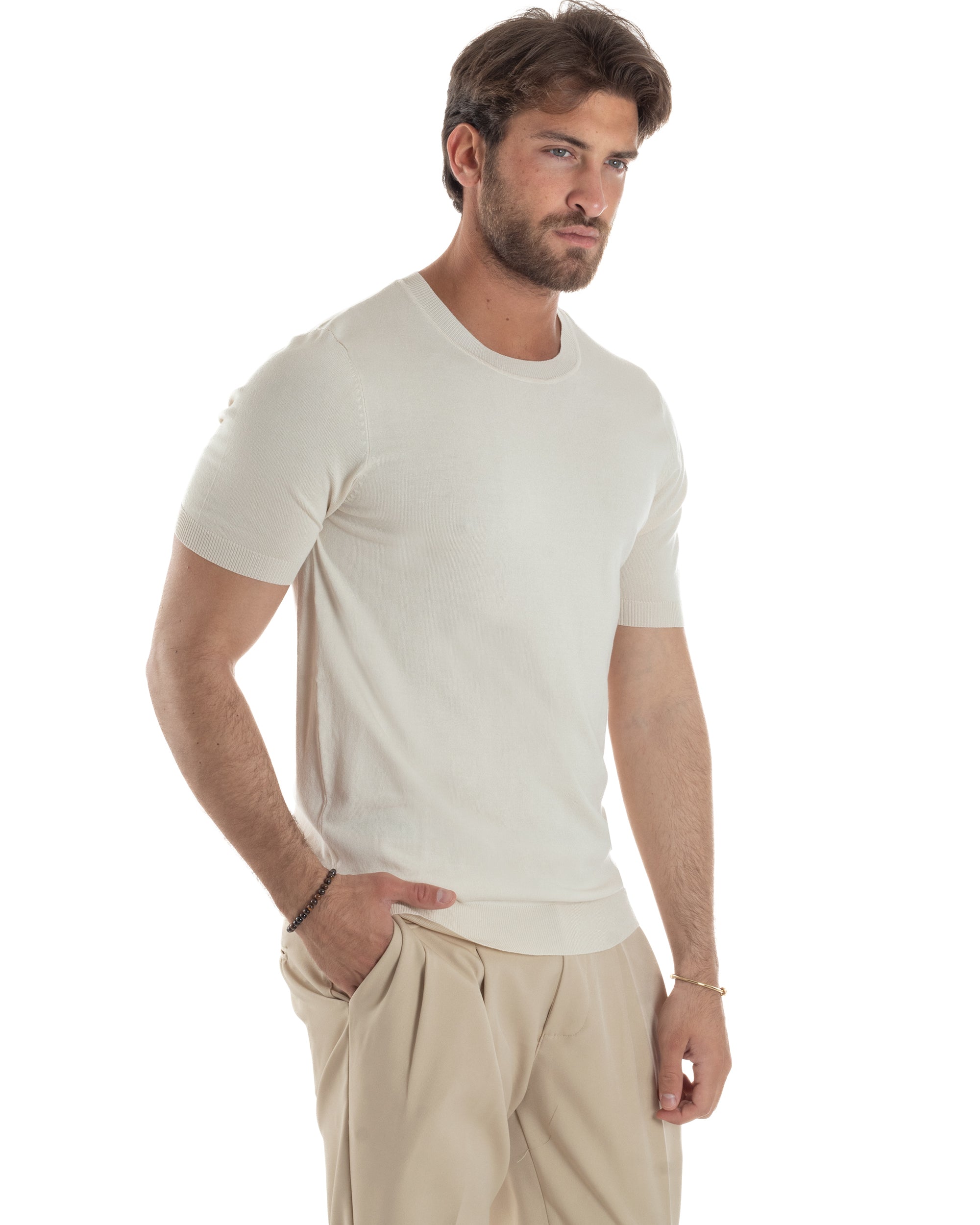 T-Shirt Uomo Girocollo Filo Maglia Sottogiacca Casual Basic Tinta Unita Beige GIOSAL-TS3155A