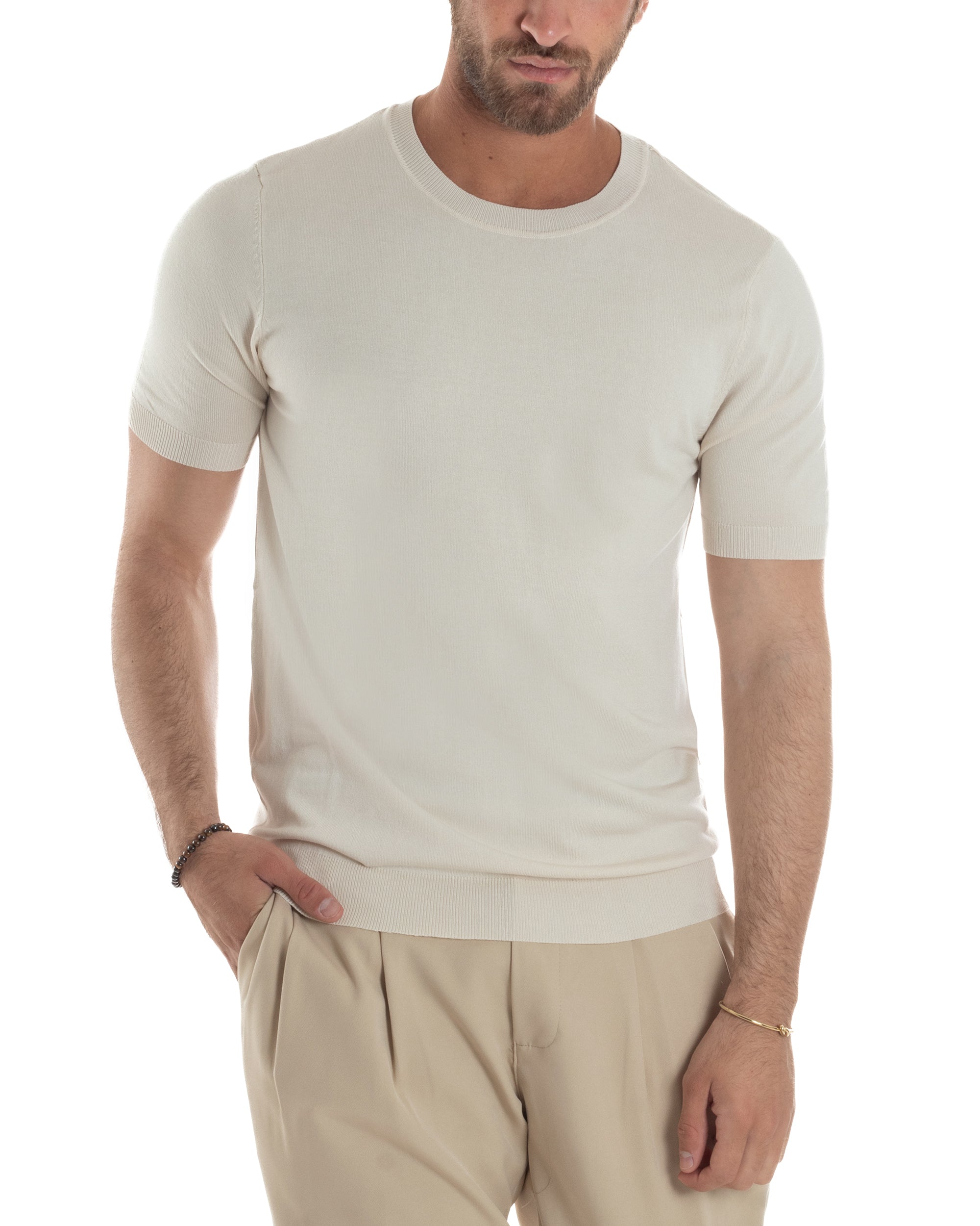 T-Shirt Uomo Girocollo Filo Maglia Sottogiacca Casual Basic Tinta Unita Beige GIOSAL-TS3155A