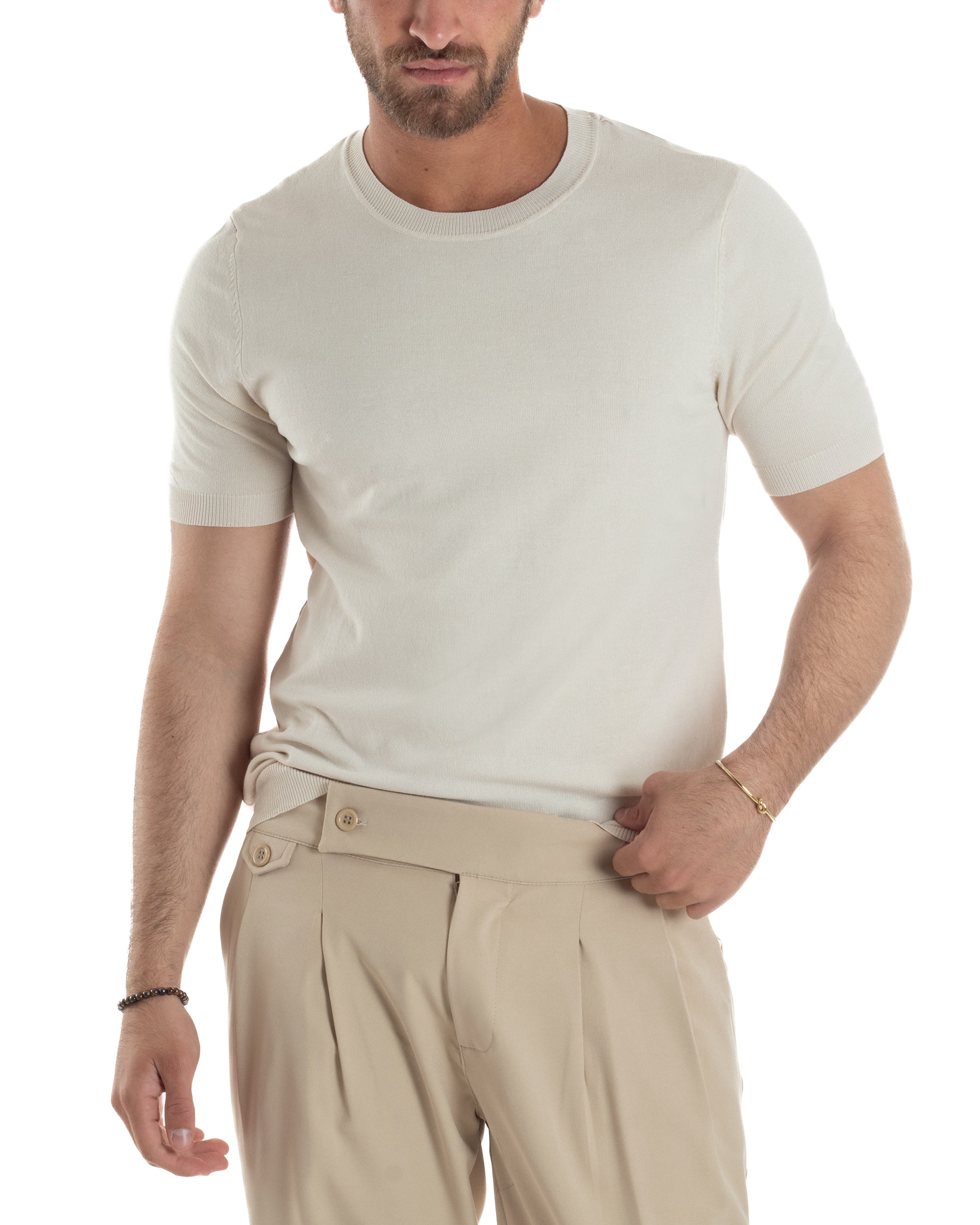 T-Shirt Uomo Girocollo Filo Maglia Sottogiacca Casual Basic Tinta Unita Beige GIOSAL-TS3155A