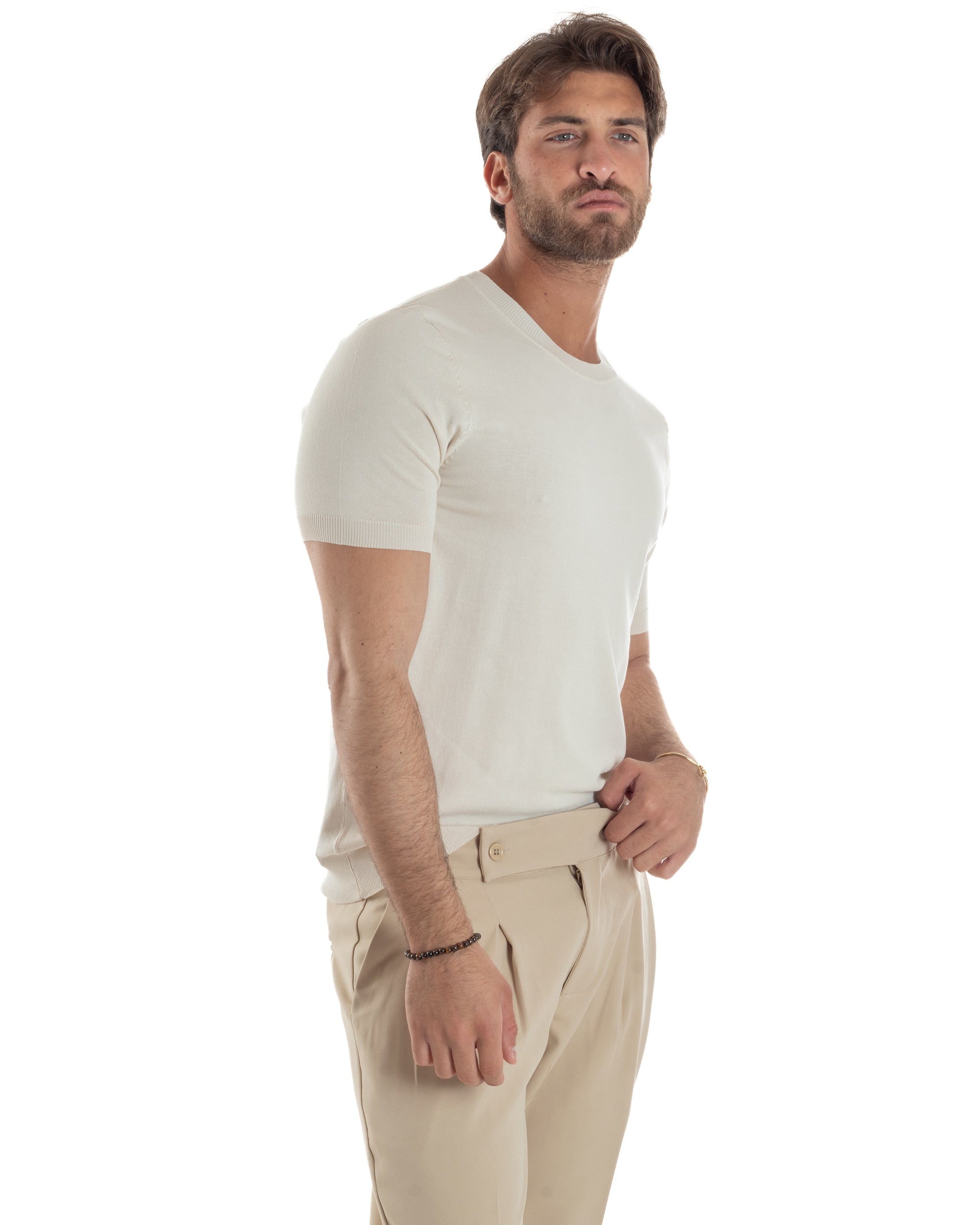 T-Shirt Uomo Girocollo Filo Maglia Sottogiacca Casual Basic Tinta Unita Beige GIOSAL-TS3155A