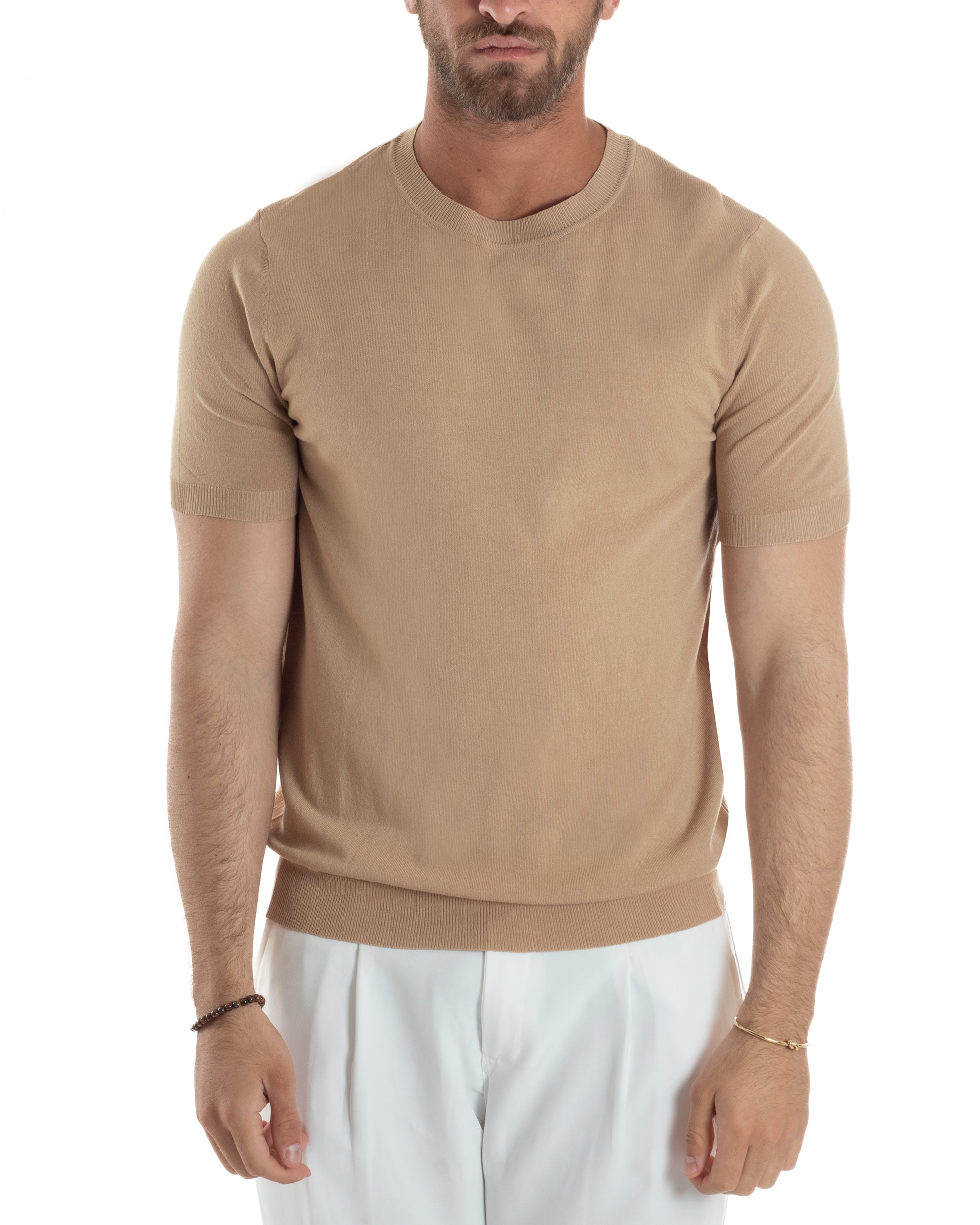 T-Shirt Uomo Girocollo Filo Maglia Sottogiacca Casual Basic Tinta Unita Camel GIOSAL-TS3156A