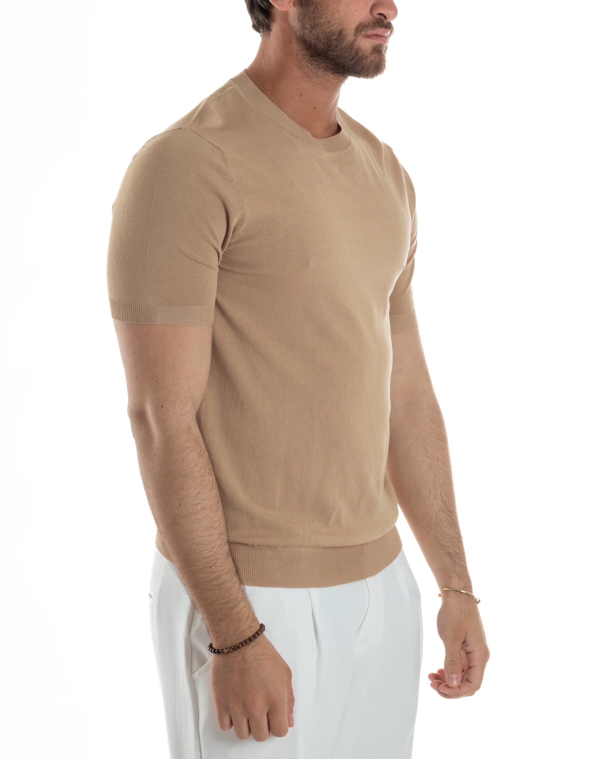 T-Shirt Uomo Girocollo Filo Maglia Sottogiacca Casual Basic Tinta Unita Camel GIOSAL-TS3156A