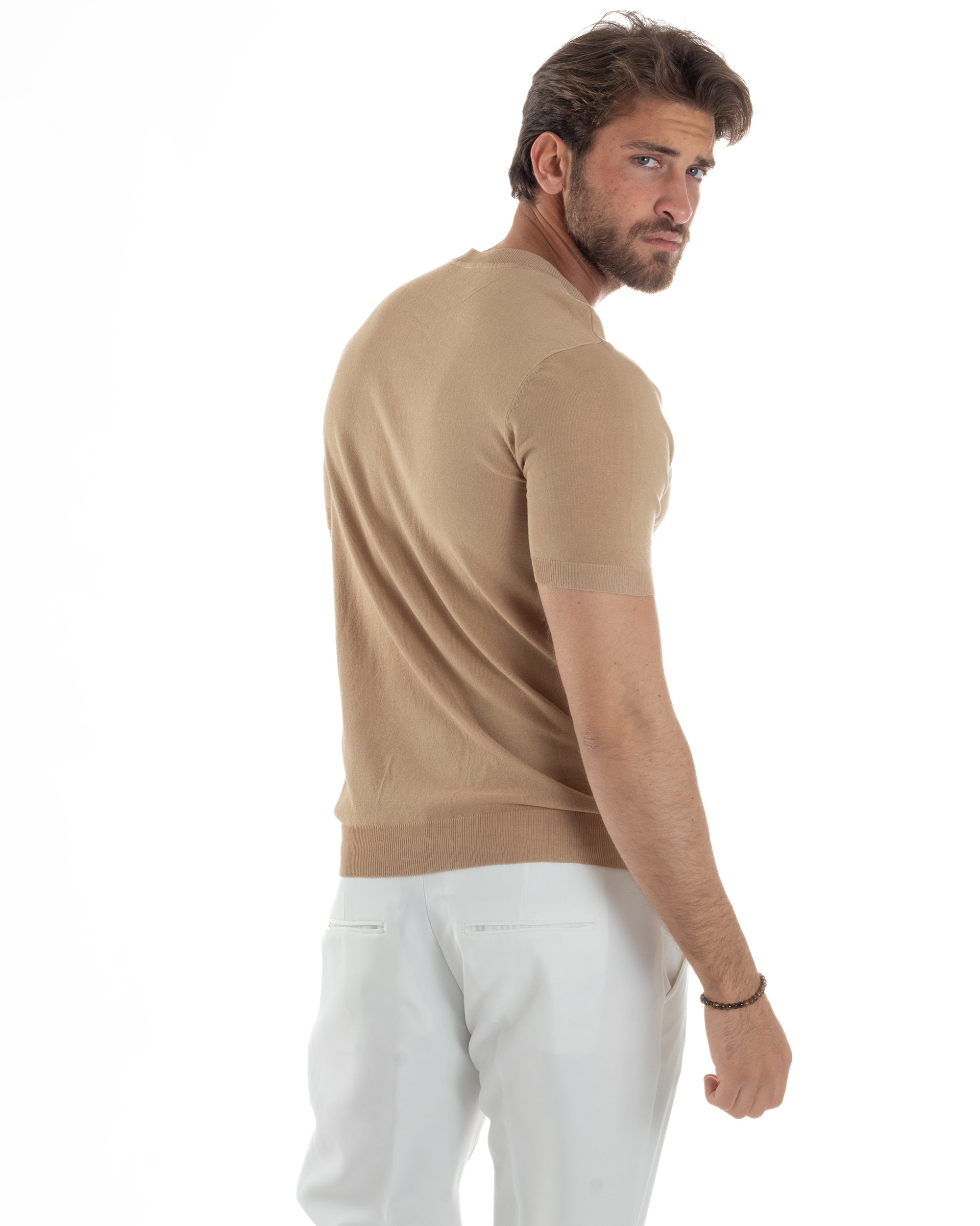 T-Shirt Uomo Girocollo Filo Maglia Sottogiacca Casual Basic Tinta Unita Camel GIOSAL-TS3156A