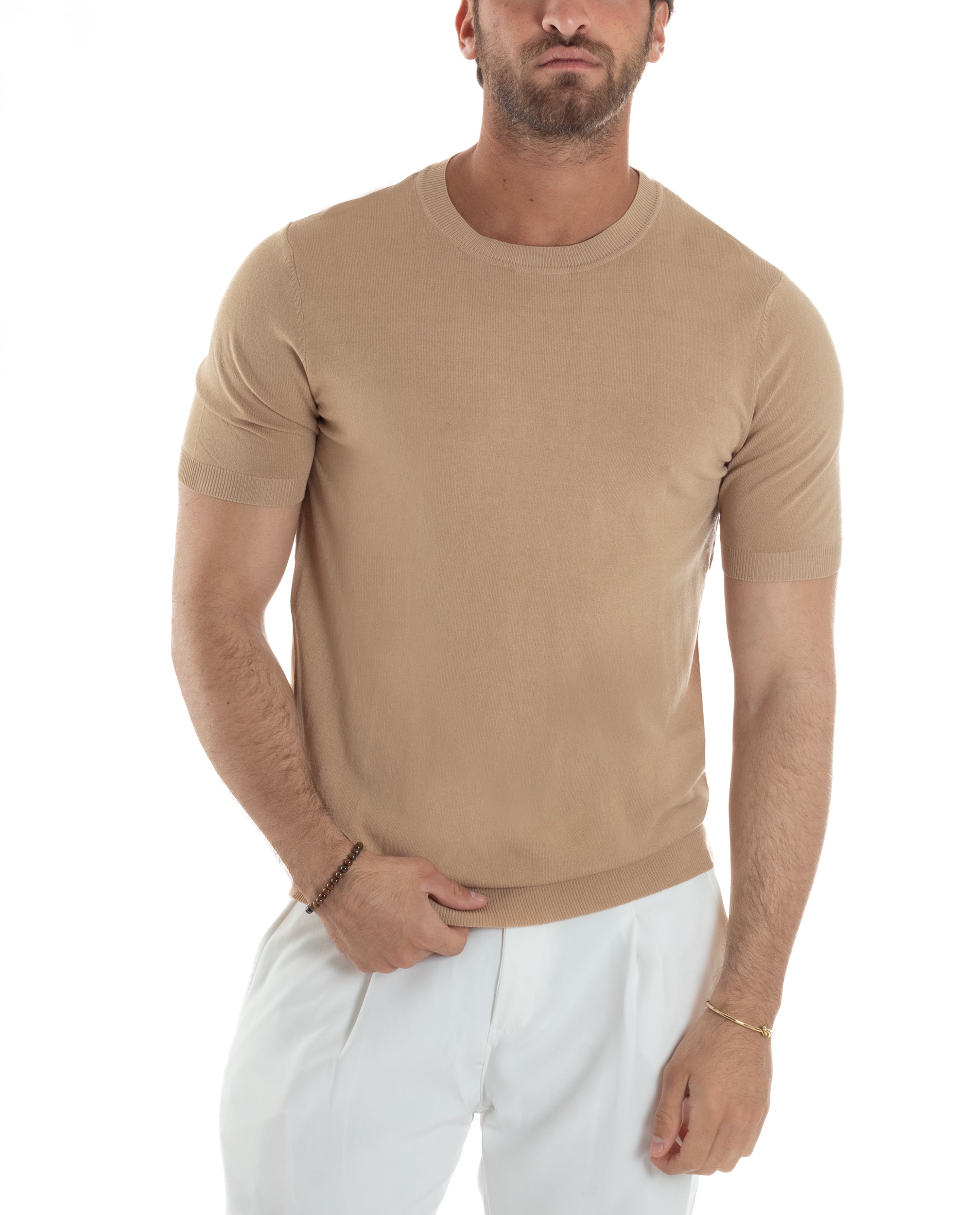 T-Shirt Uomo Girocollo Filo Maglia Sottogiacca Casual Basic Tinta Unita Camel GIOSAL-TS3156A