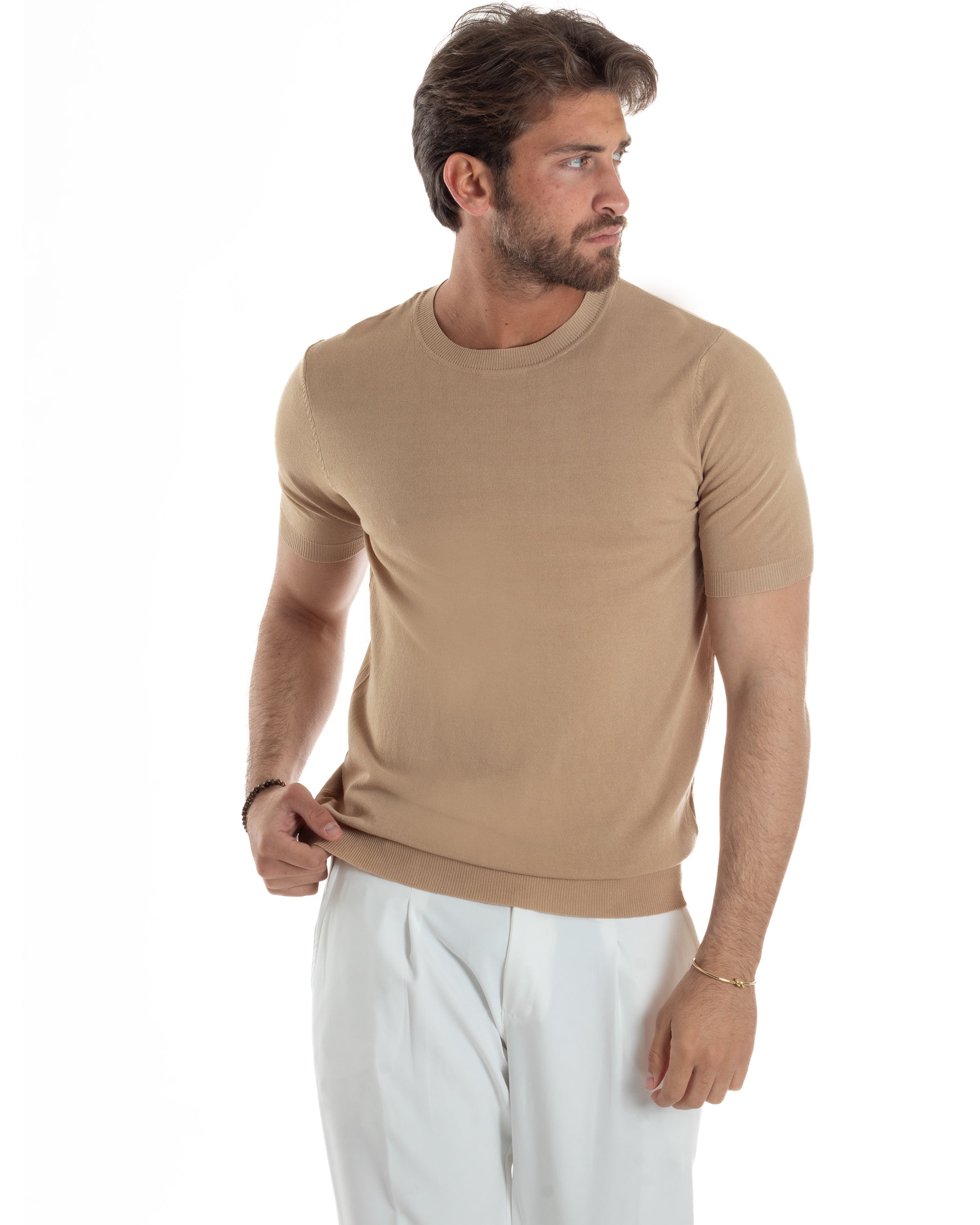 T-Shirt Uomo Girocollo Filo Maglia Sottogiacca Casual Basic Tinta Unita Camel GIOSAL-TS3156A