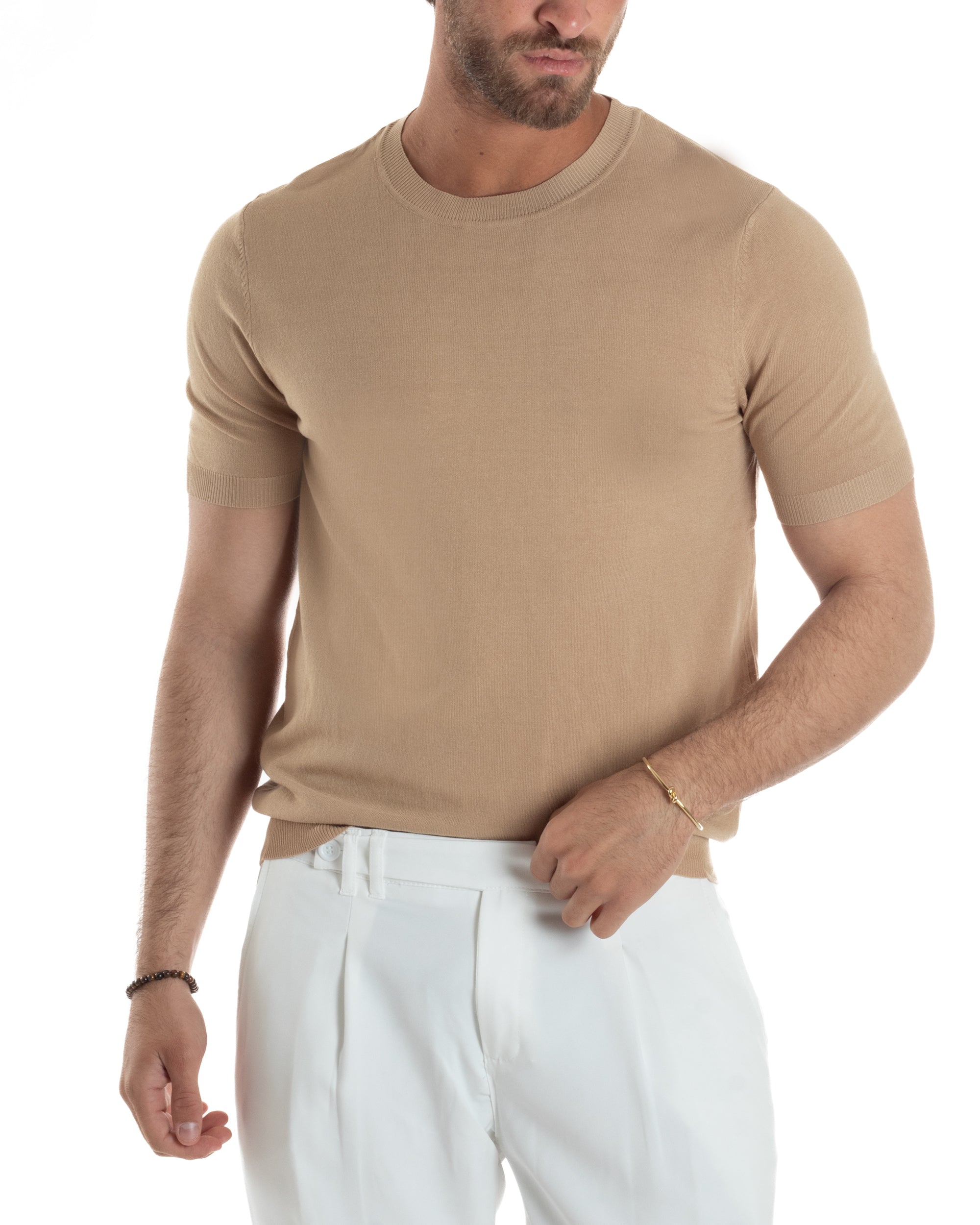 T-Shirt Uomo Girocollo Filo Maglia Sottogiacca Casual Basic Tinta Unita Camel GIOSAL-TS3156A