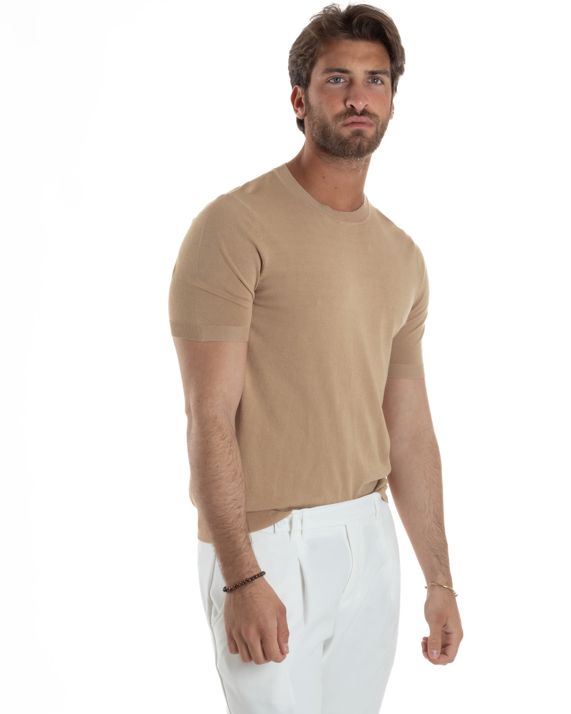 T-Shirt Uomo Girocollo Filo Maglia Sottogiacca Casual Basic Tinta Unita Camel GIOSAL-TS3156A