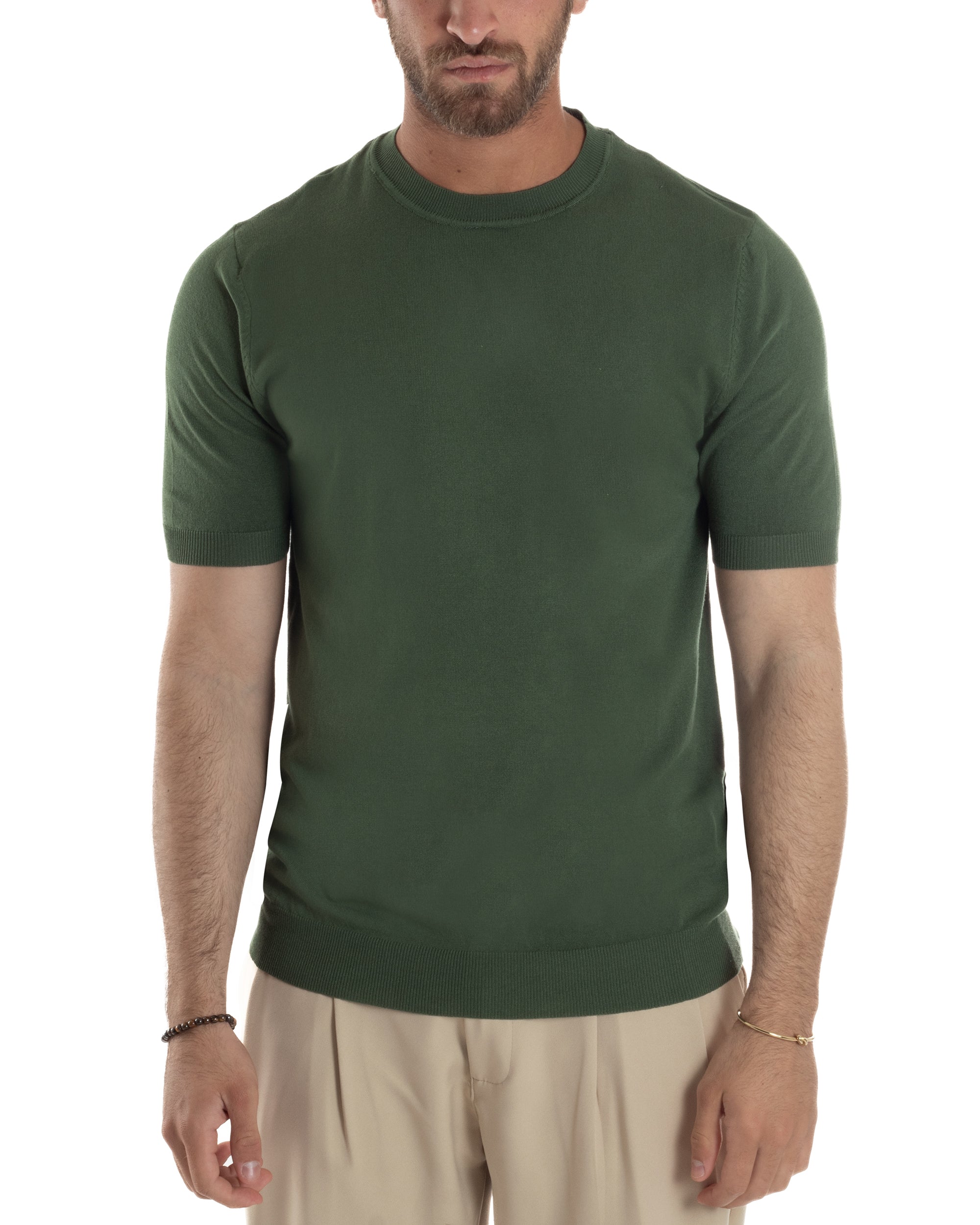 T-Shirt Uomo Girocollo Filo Maglia Sottogiacca Casual Basic Tinta Unita Verde Militare GIOSAL-TS3159A