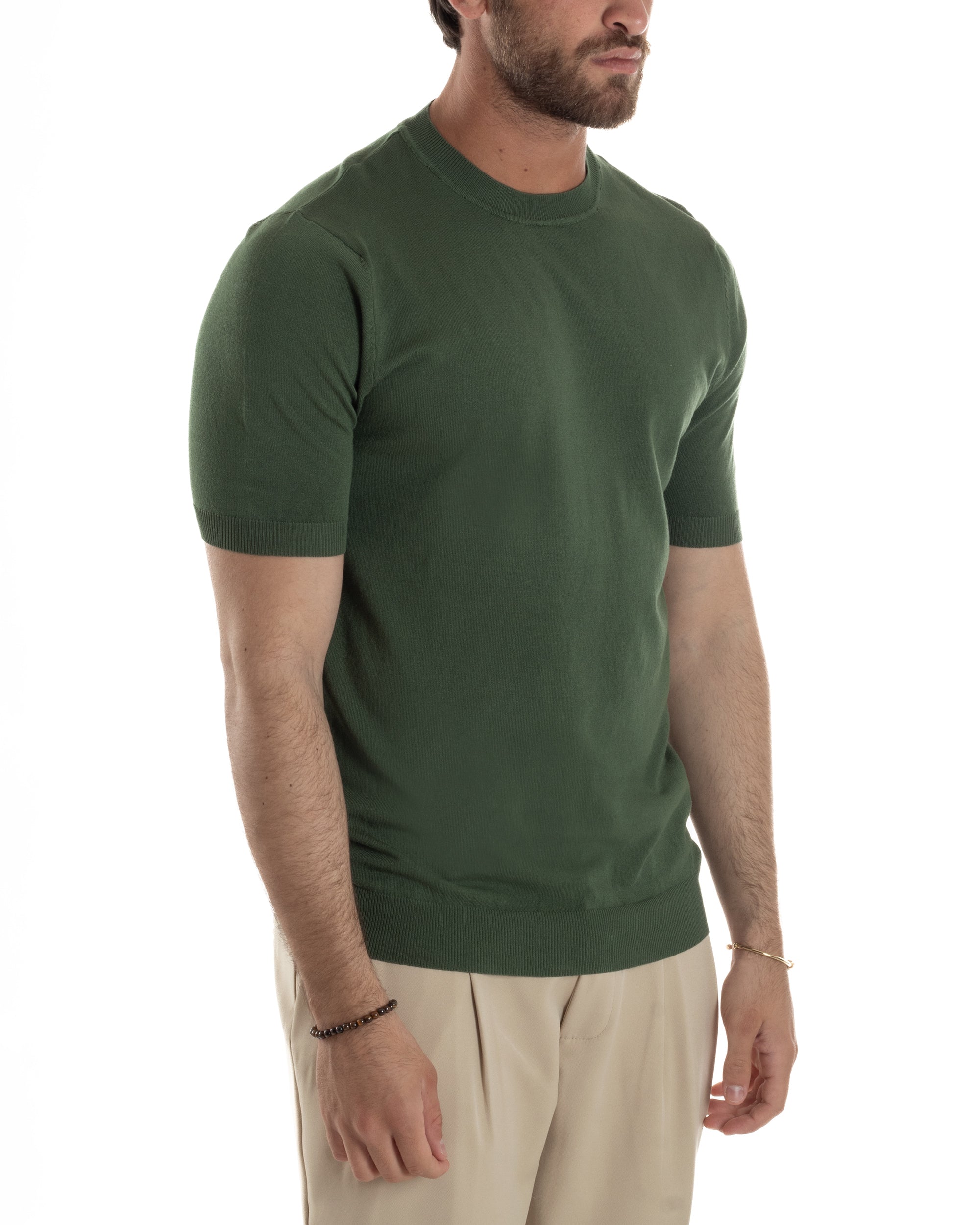 T-Shirt Uomo Girocollo Filo Maglia Sottogiacca Casual Basic Tinta Unita Verde Militare GIOSAL-TS3159A