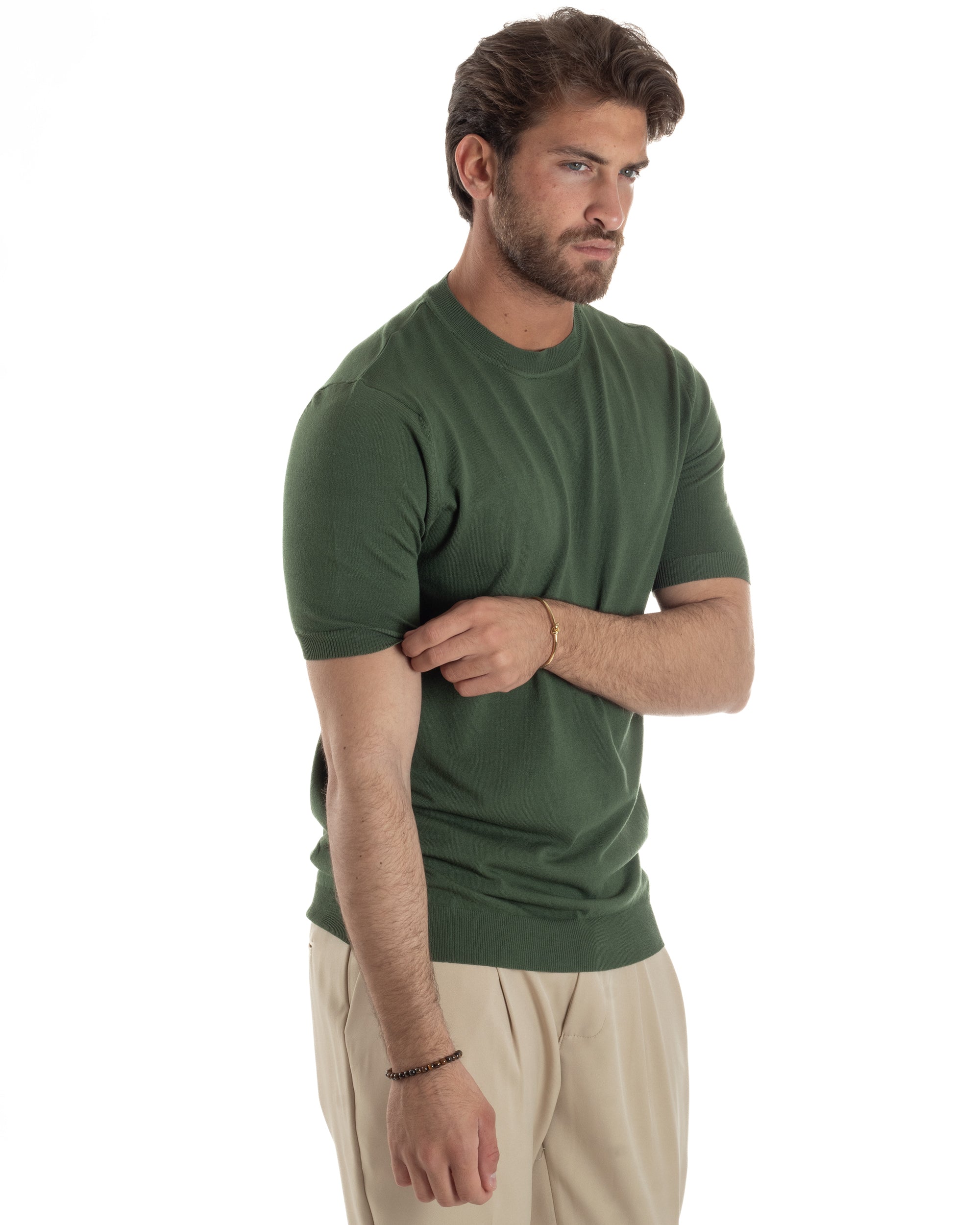 T-Shirt Uomo Girocollo Filo Maglia Sottogiacca Casual Basic Tinta Unita Verde Militare GIOSAL-TS3159A