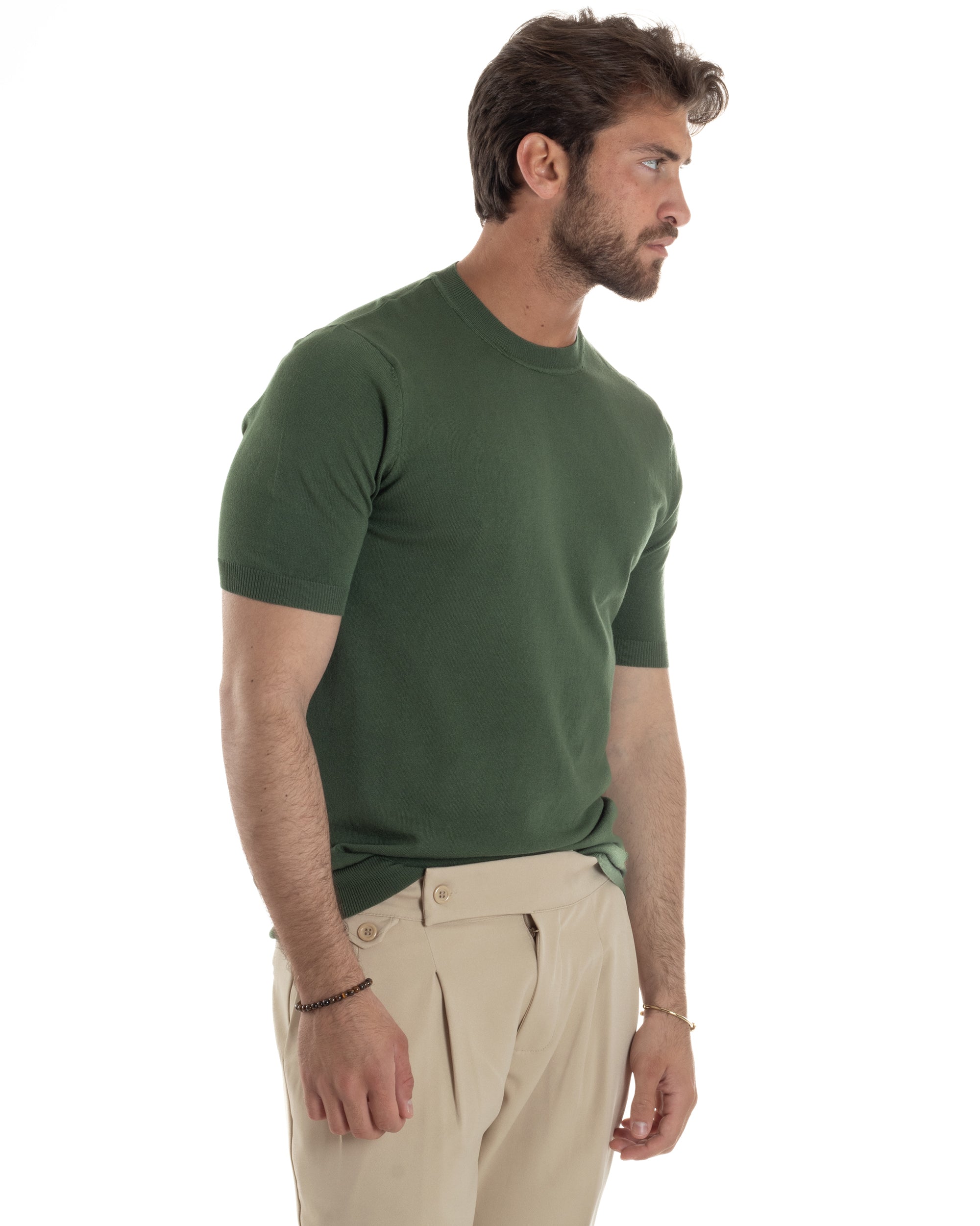 T-Shirt Uomo Girocollo Filo Maglia Sottogiacca Casual Basic Tinta Unita Verde Militare GIOSAL-TS3159A