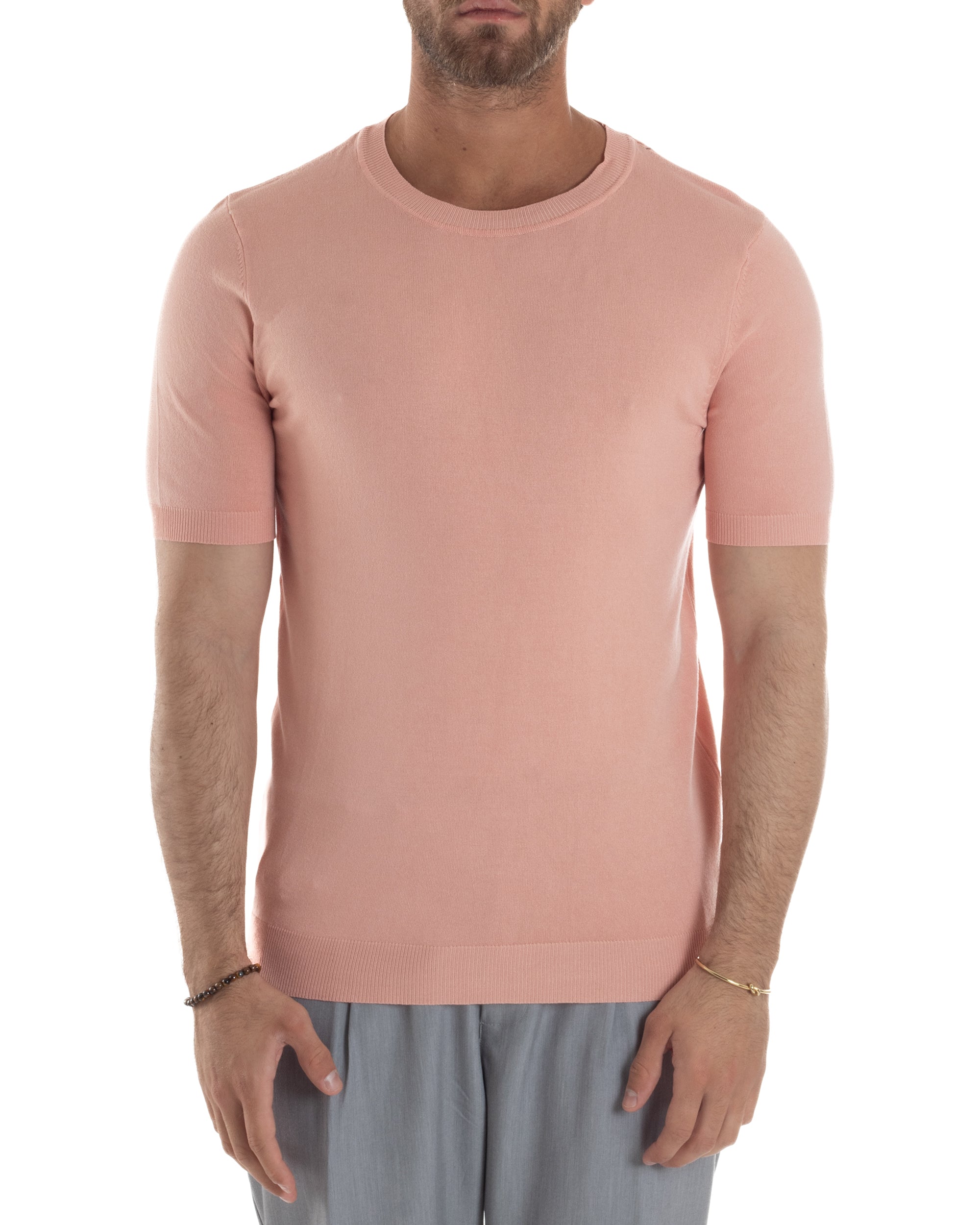 T-Shirt Uomo Girocollo Filo Maglia Sottogiacca Casual Basic Tinta Unita Pesca GIOSAL-TS3164A