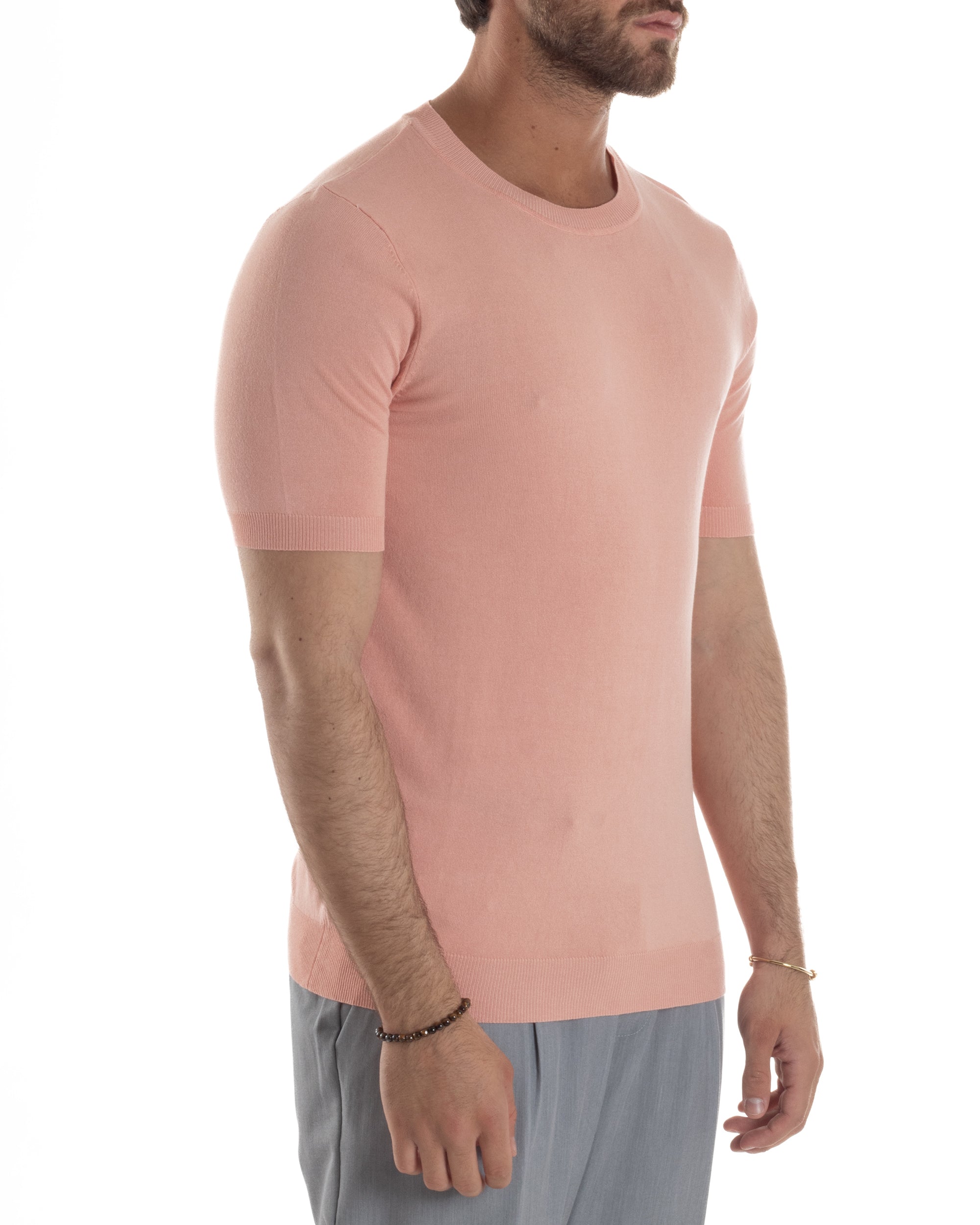 T-Shirt Uomo Girocollo Filo Maglia Sottogiacca Casual Basic Tinta Unita Pesca GIOSAL-TS3164A