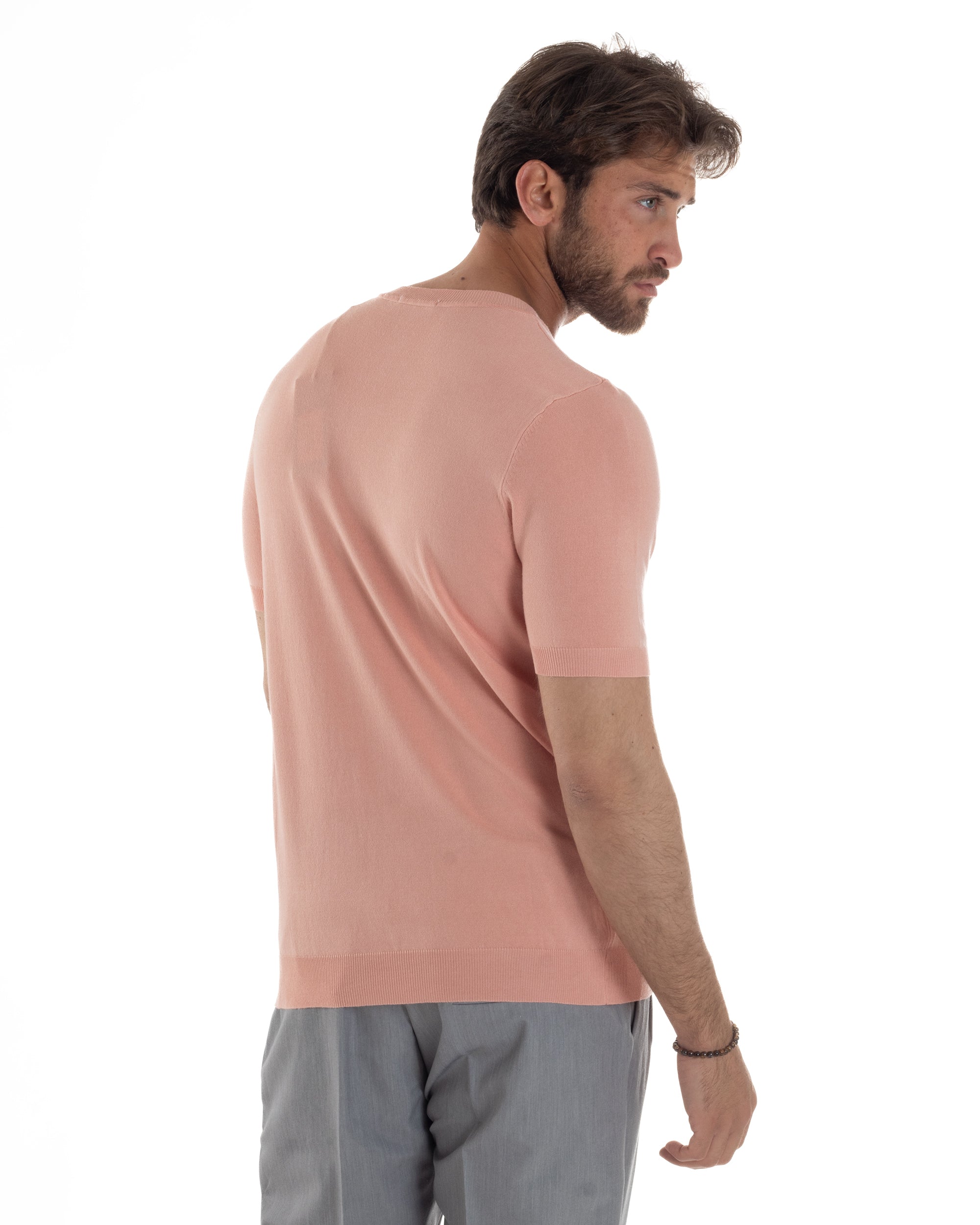 T-Shirt Uomo Girocollo Filo Maglia Sottogiacca Casual Basic Tinta Unita Pesca GIOSAL-TS3164A