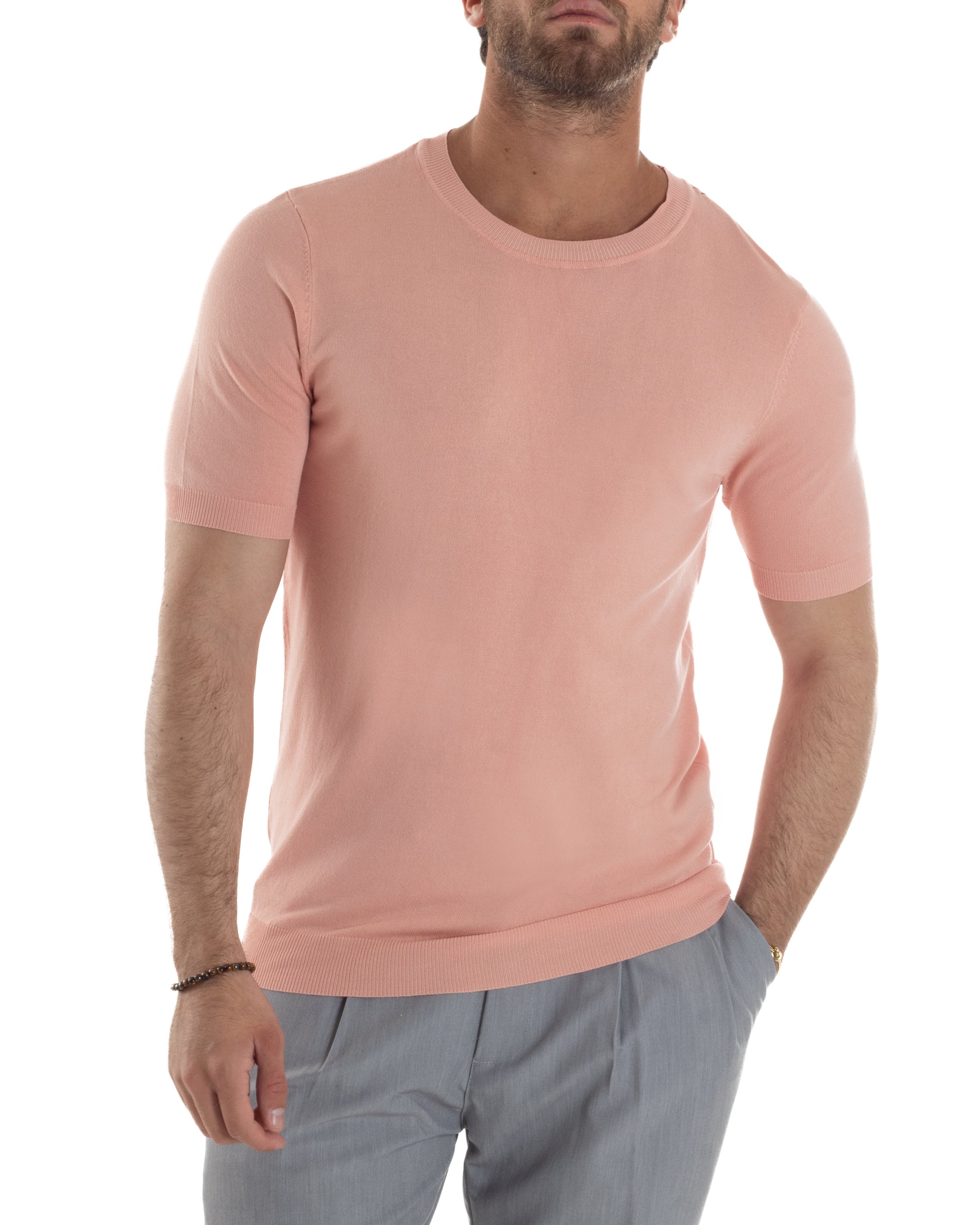 T-Shirt Uomo Girocollo Filo Maglia Sottogiacca Casual Basic Tinta Unita Pesca GIOSAL-TS3164A