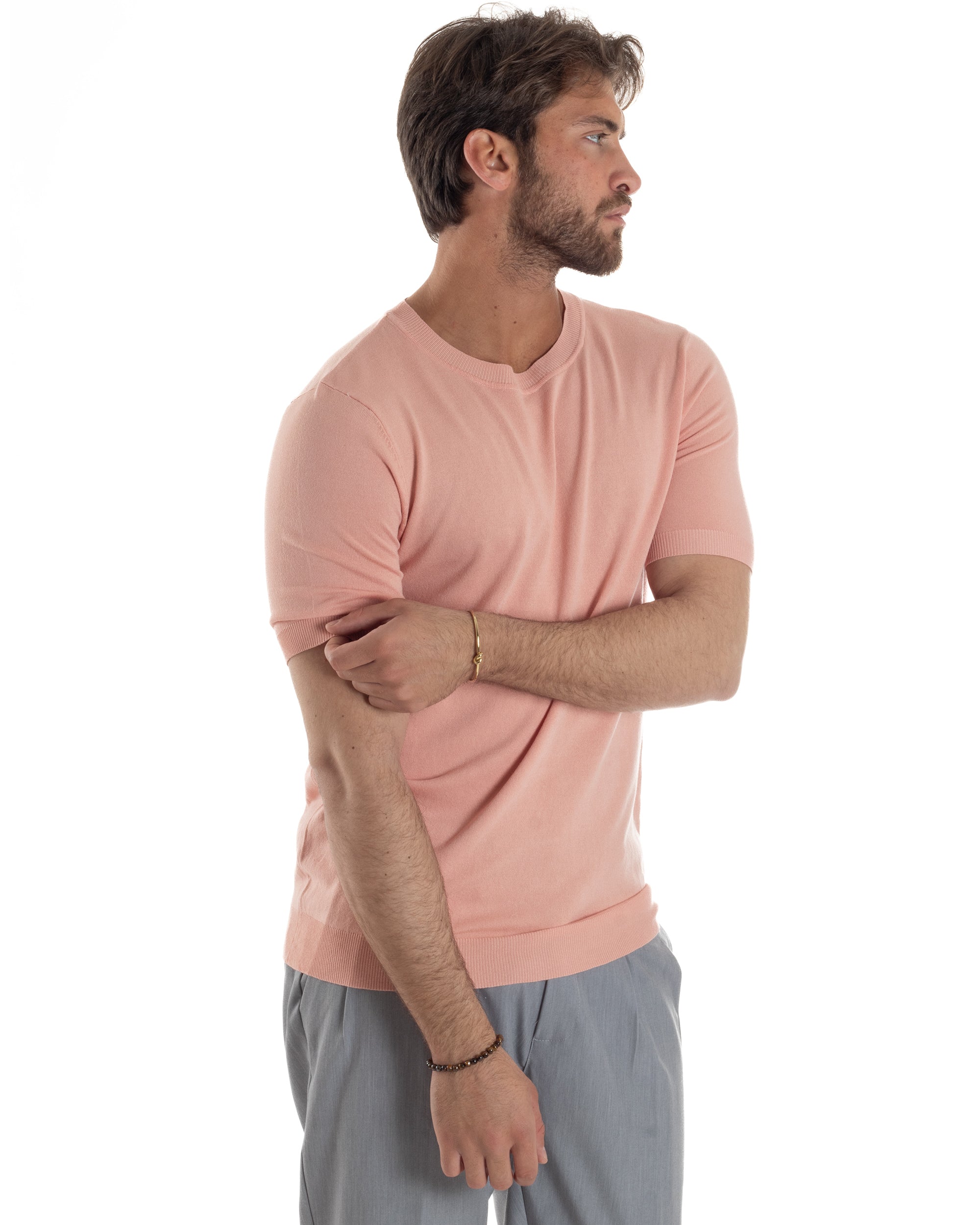 T-Shirt Uomo Girocollo Filo Maglia Sottogiacca Casual Basic Tinta Unita Pesca GIOSAL-TS3164A