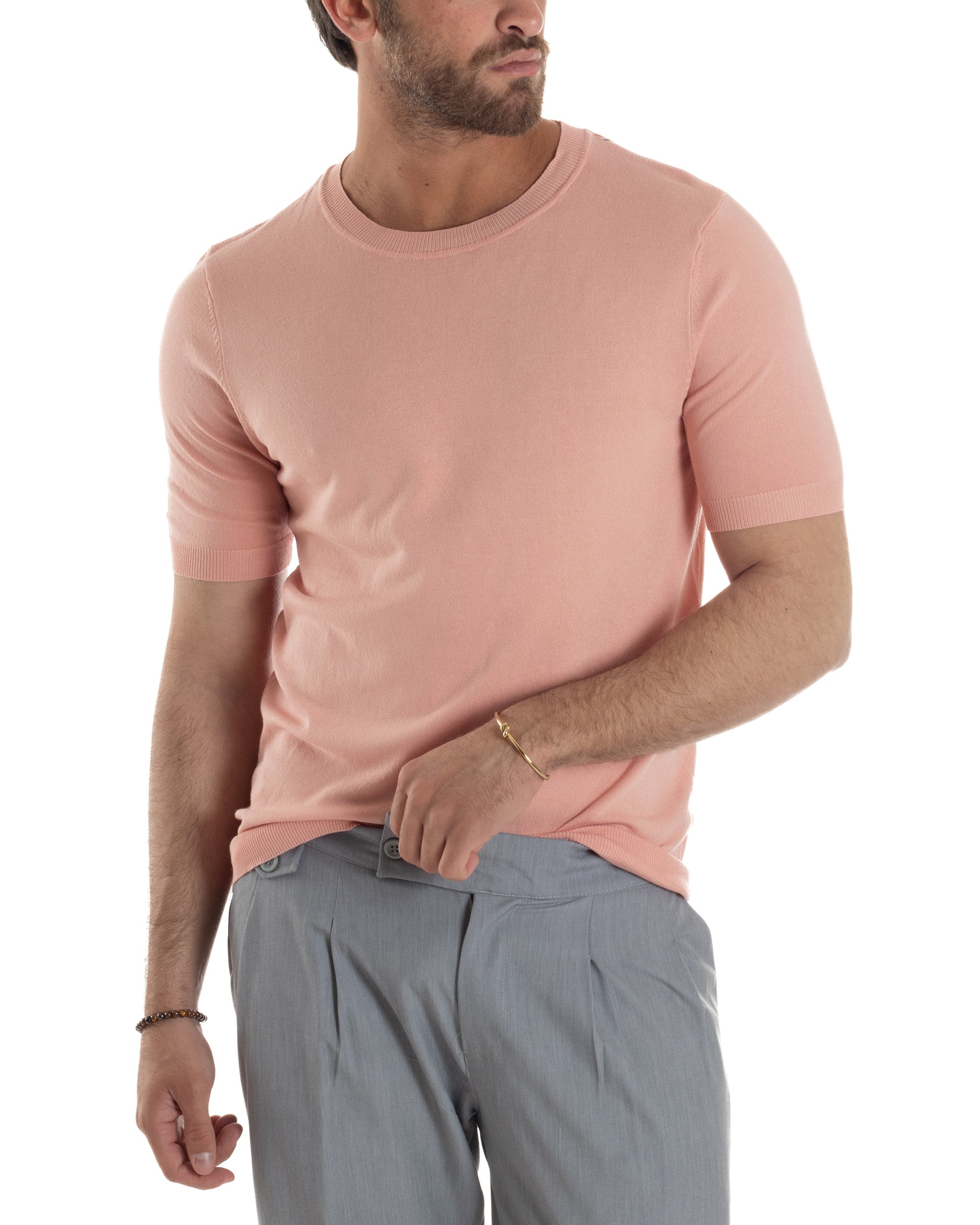 T-Shirt Uomo Girocollo Filo Maglia Sottogiacca Casual Basic Tinta Unita Pesca GIOSAL-TS3164A