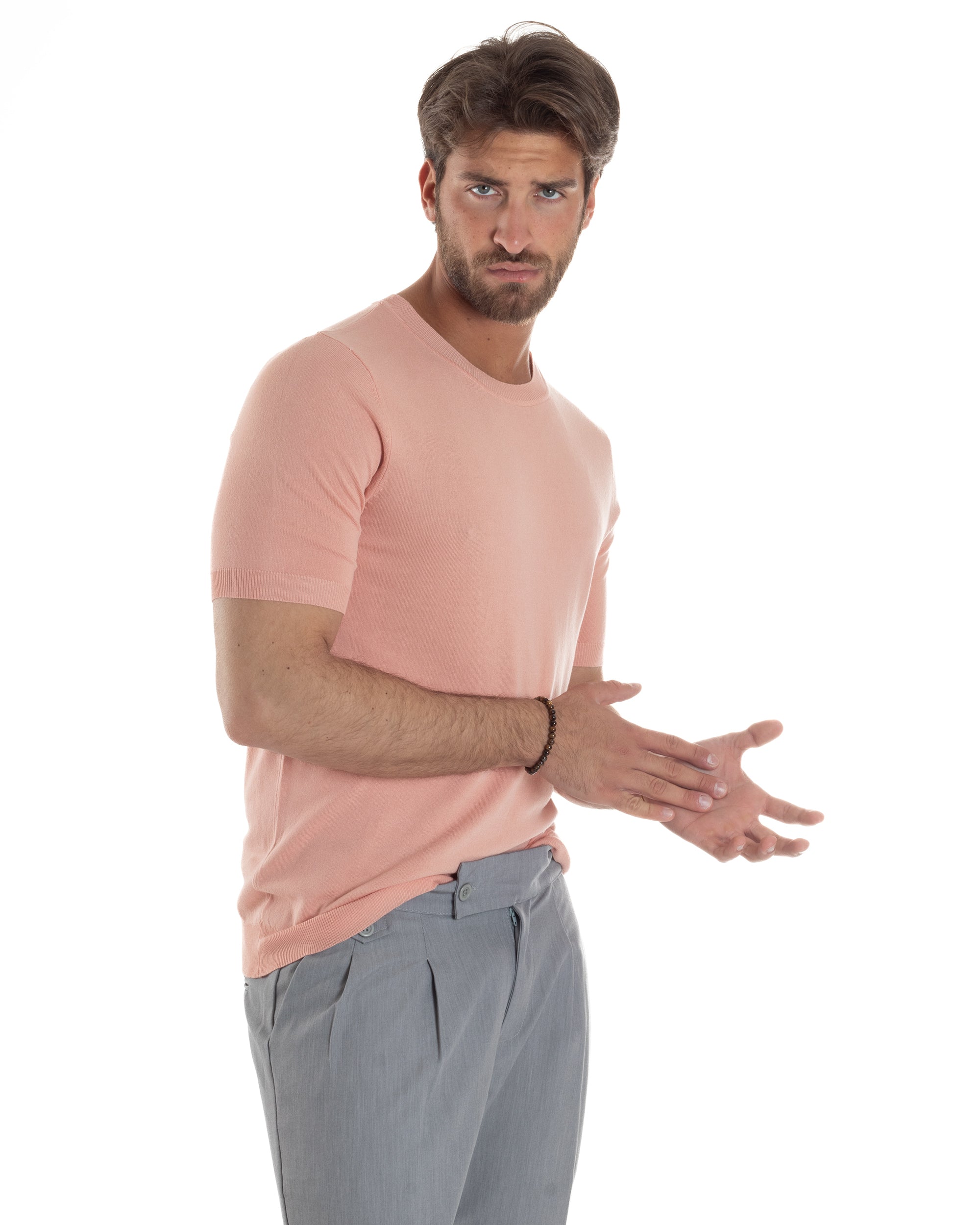 T-Shirt Uomo Girocollo Filo Maglia Sottogiacca Casual Basic Tinta Unita Pesca GIOSAL-TS3164A