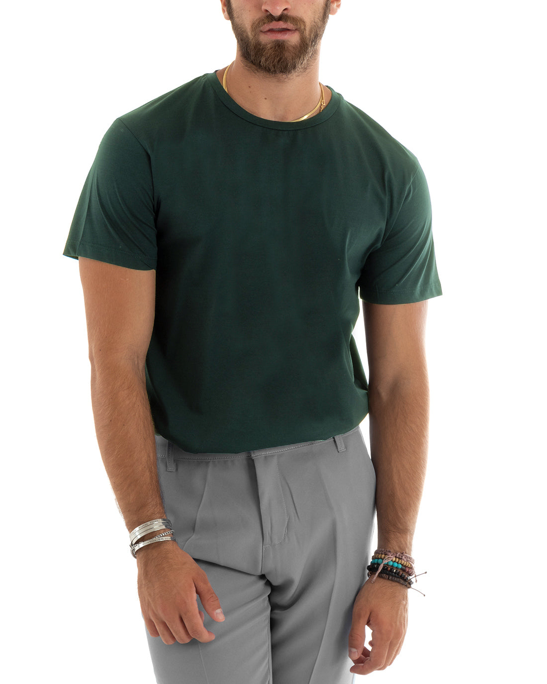 T-shirt Uomo Filo Di Scozia Basic Leggera Tinta Unita Verde Girocollo Casual GIOSAL-TS3188A